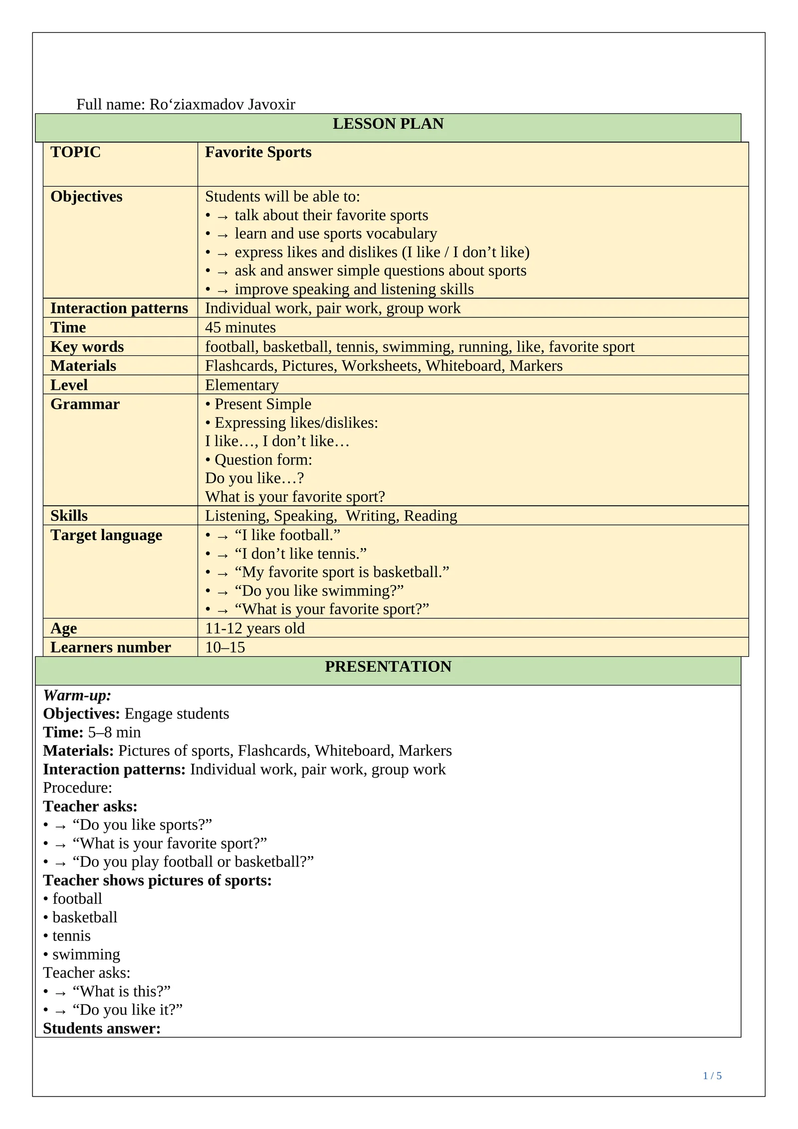 Lesson plan ESP Favorite Sports