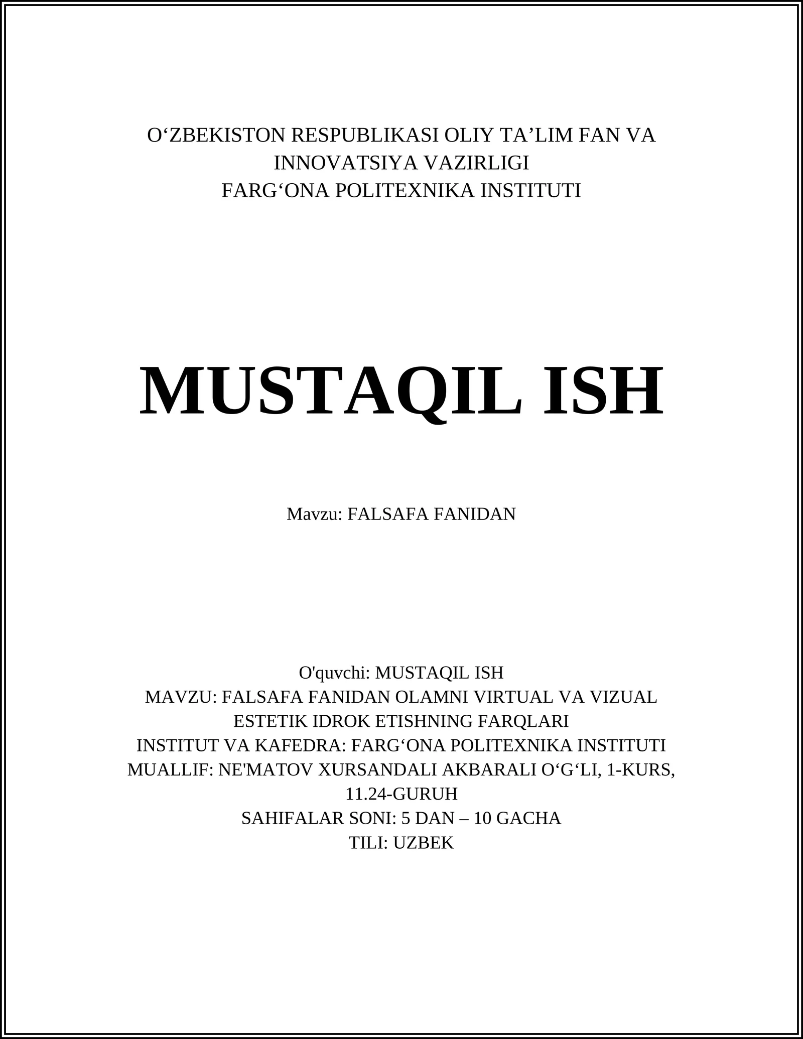 FALSAFA FANIDAN OLAMNI VIRTUAL VA VIZUAL ESTETIK IDROK ETISHNING FARQLARI