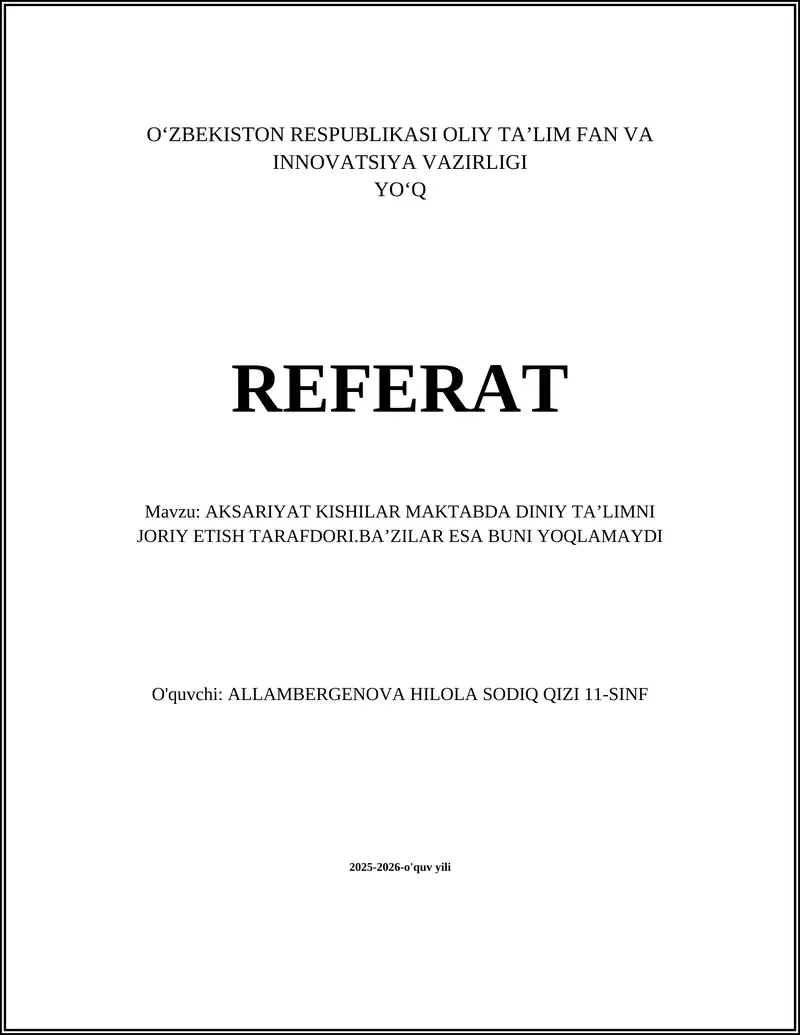 AKSARIYAT KISHILAR MAKTABDA DINIY TAʼLIMNI JORIY ETISH TARAFDORI