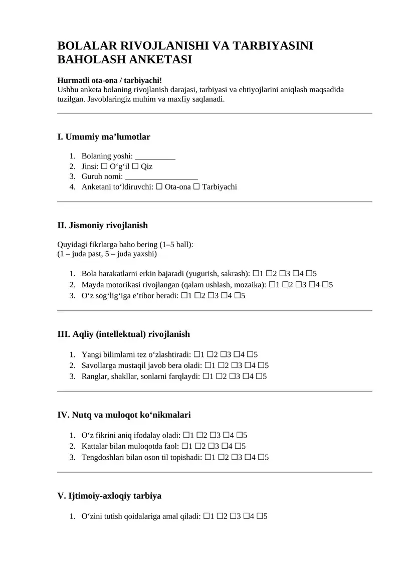BOLALAR RIVOJLANISHI VA TARBIYASINI BAHOLASH ANKETASI