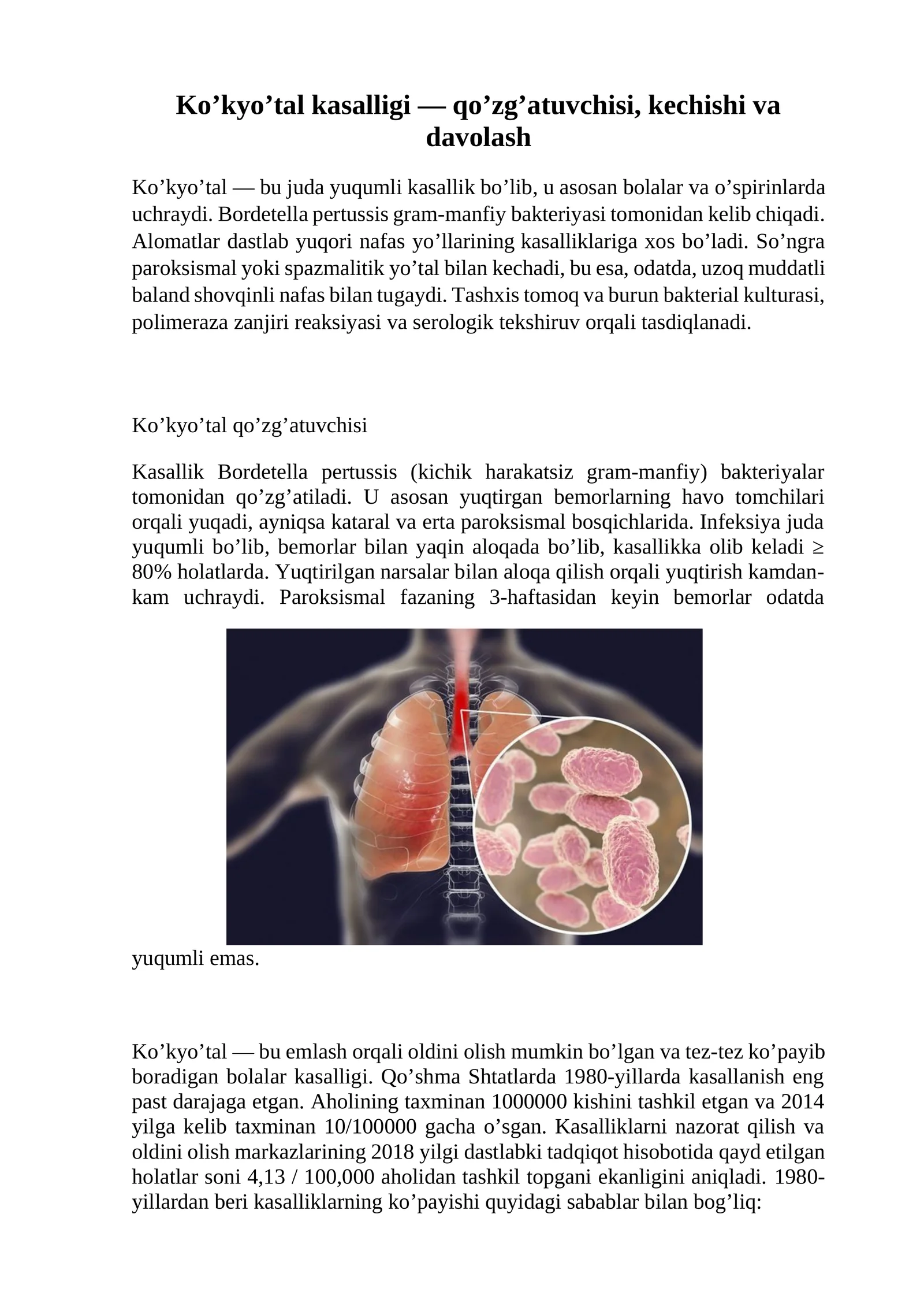 Ko’kyo’tal kasalligi — qo’zg’atuvchisi, kechishi va davolash