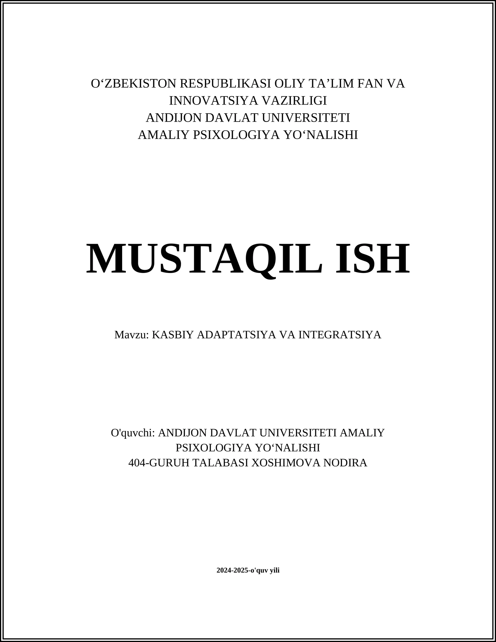 KASBIY ADAPTATSIYA VA INTEGRATSIYA