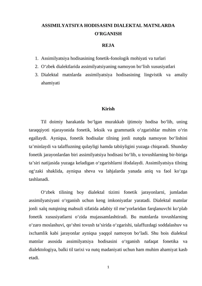 ASSIMILYATSIYA HODISASINI DIALEKTAL MATNLARDA O'RGANISH
