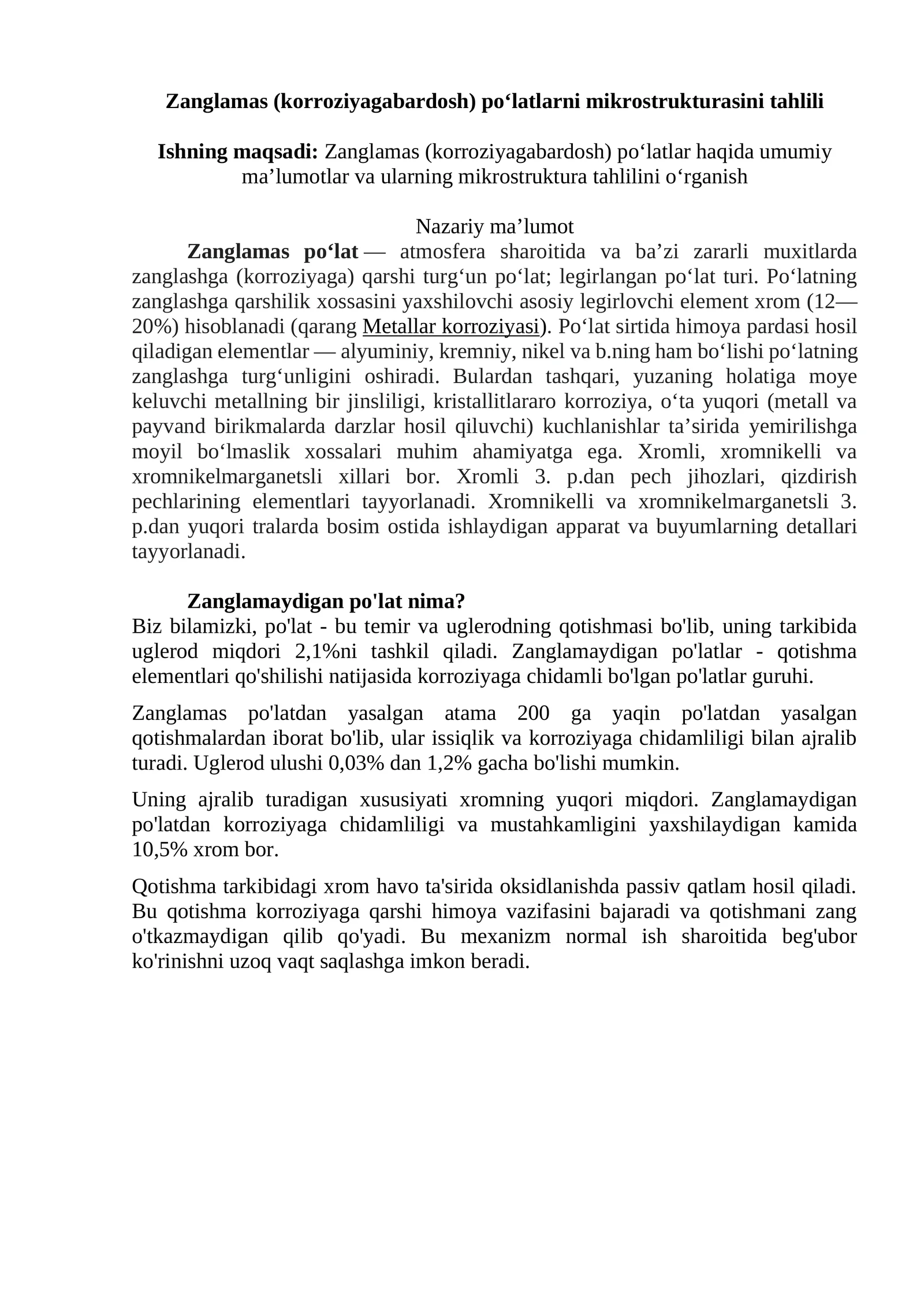 Zanglamas (korroziyagabardosh) po‘latlarni mikrostrukturasini tahlili