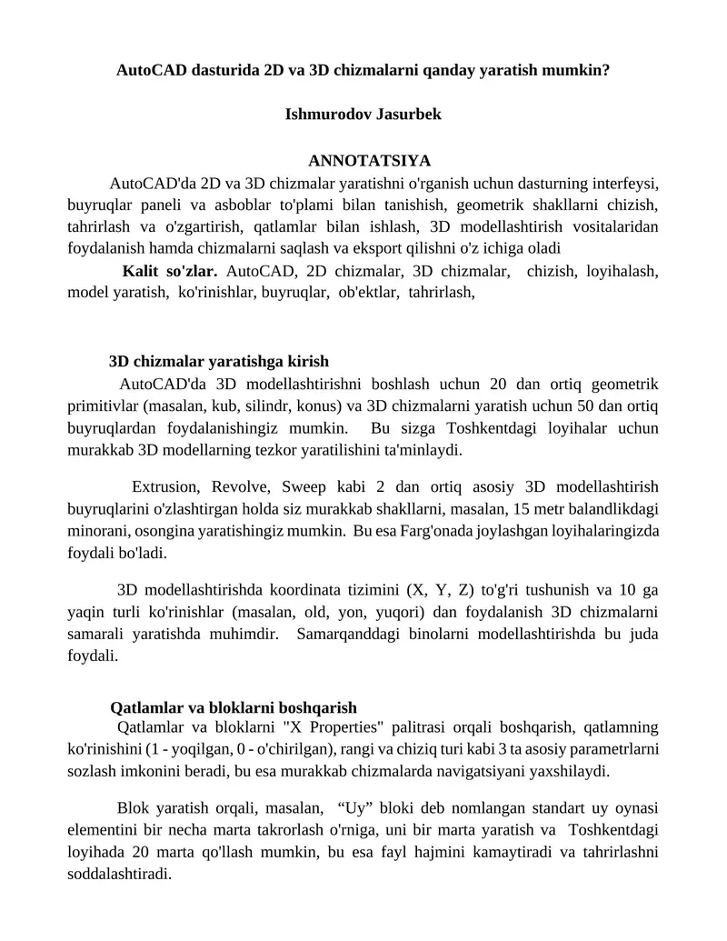 AutoCAD dasturida 2D va 3D chizmalarni yaratish