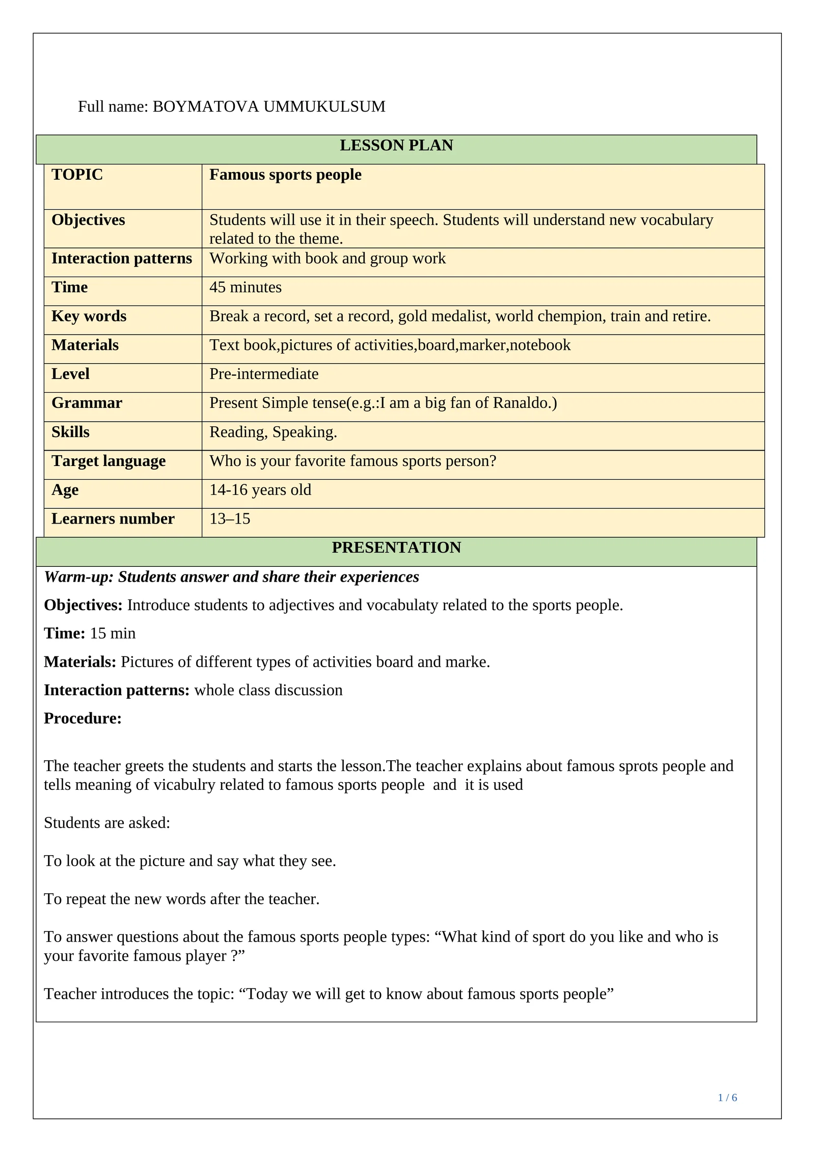 Lesson plan ESP Famous sports people
