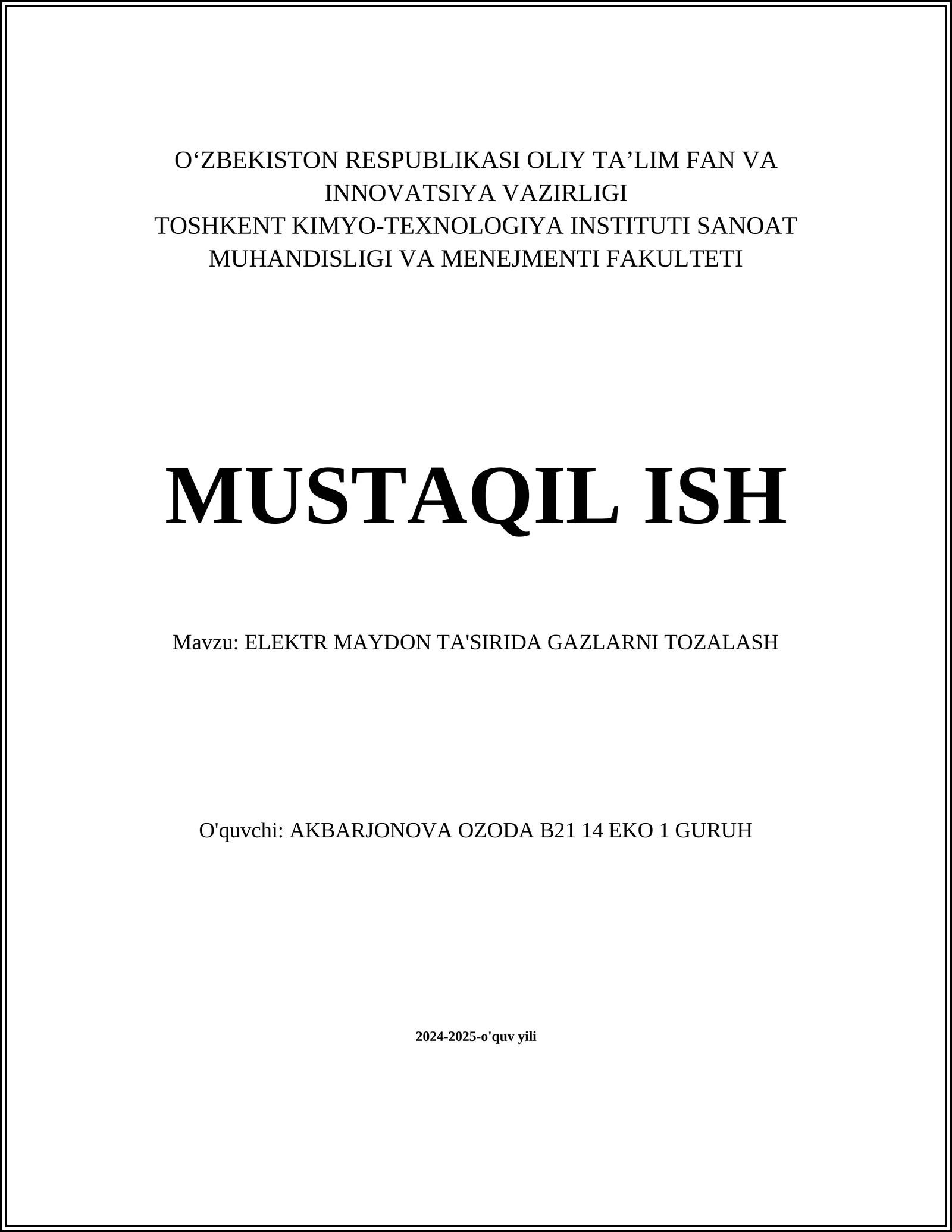 ELEKTR MAYDON TA'SIRIDA GAZLARNI TOZALASH