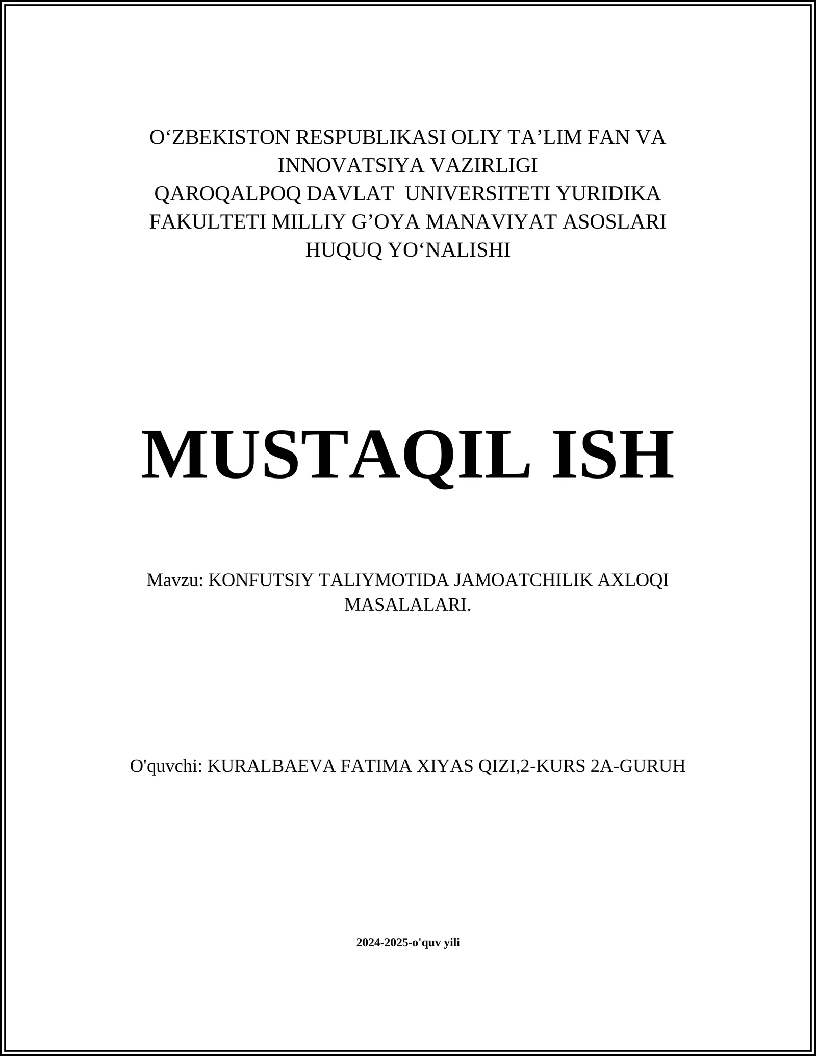 KONFUTSIY TALIYMOTIDA JAMOATCHILIK AXLOQI MASALALARI