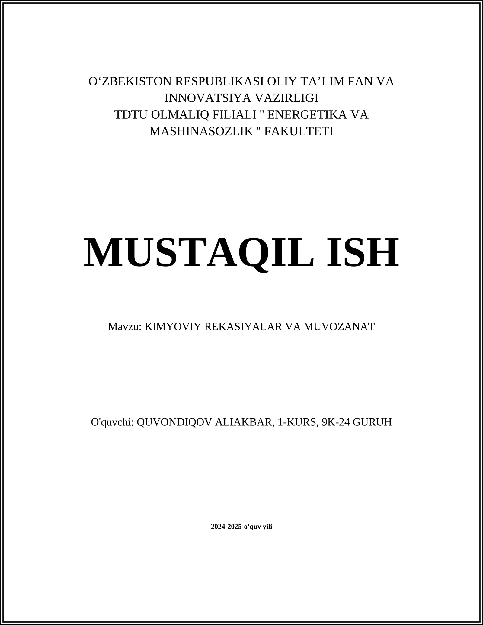 KIMYOVIY REKASIYALAR VA MUVOZANAT