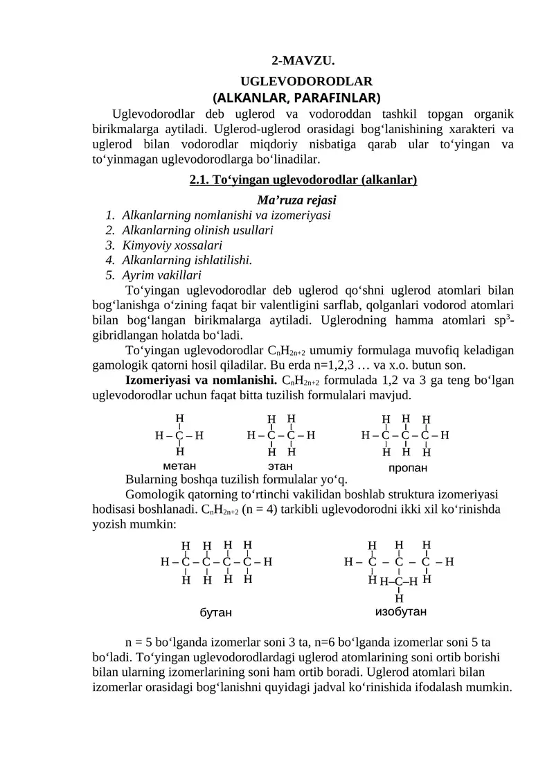 UGLEVODORODLAR (ALKANLAR, PARAFINLAR)