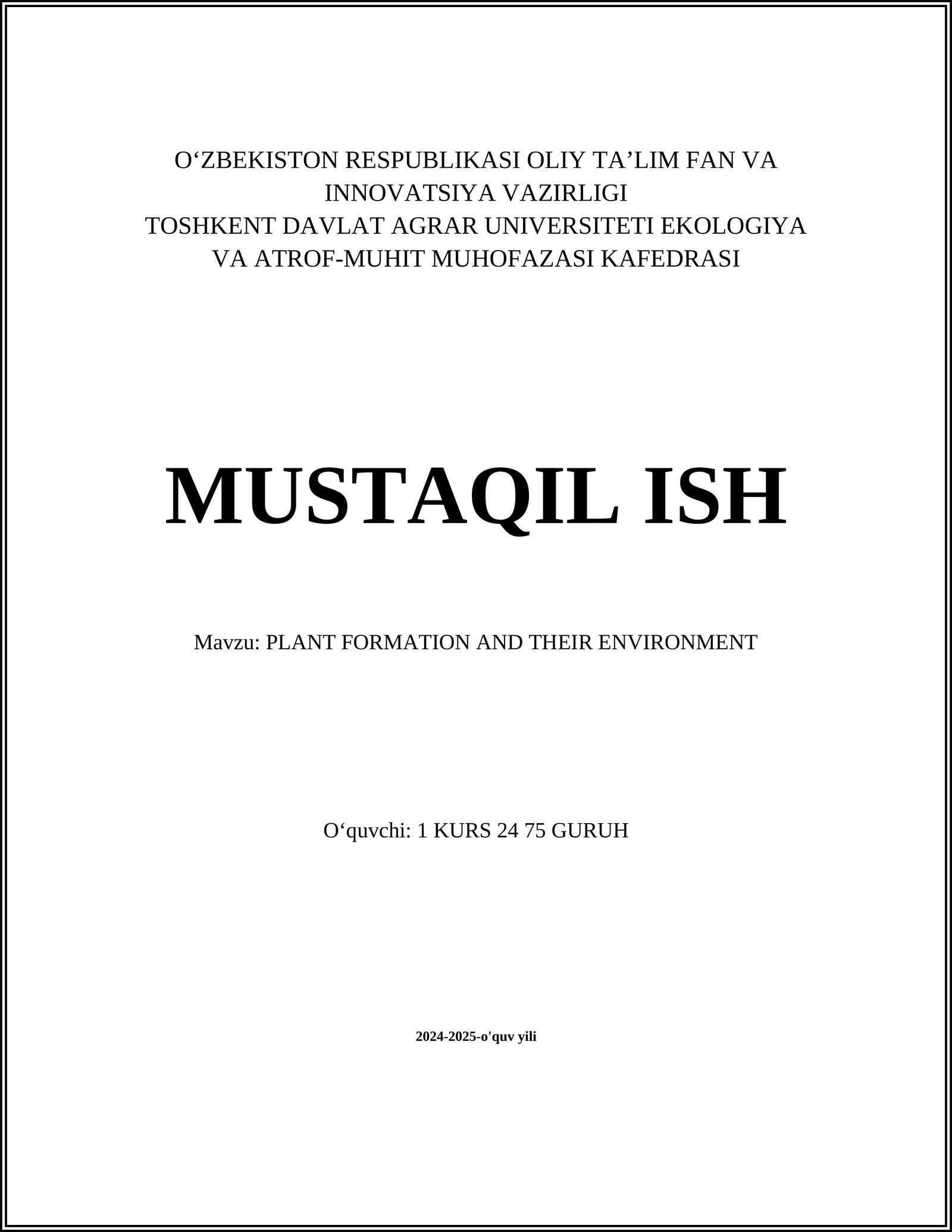 PLANT FORMATION AND THEIR ENVIRONMENT