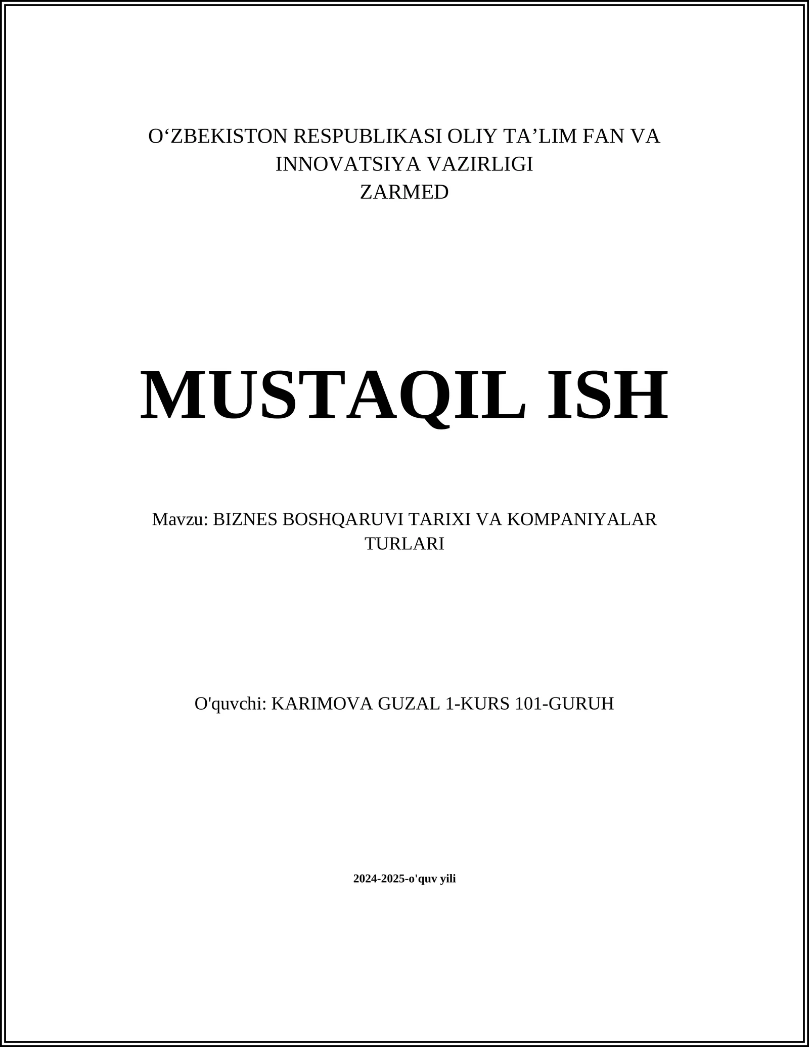 BIZNES BOSHQARUVI TARIXI VA KOMPANIYALAR TURLARI