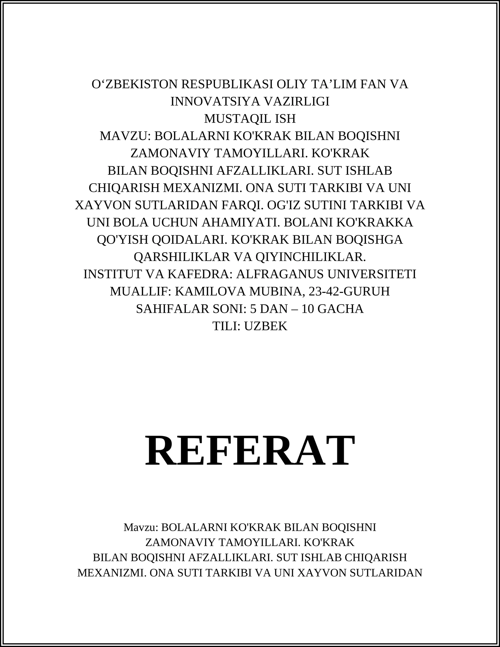 BOLALARNI KO'KRAK BILAN BOQISHNI