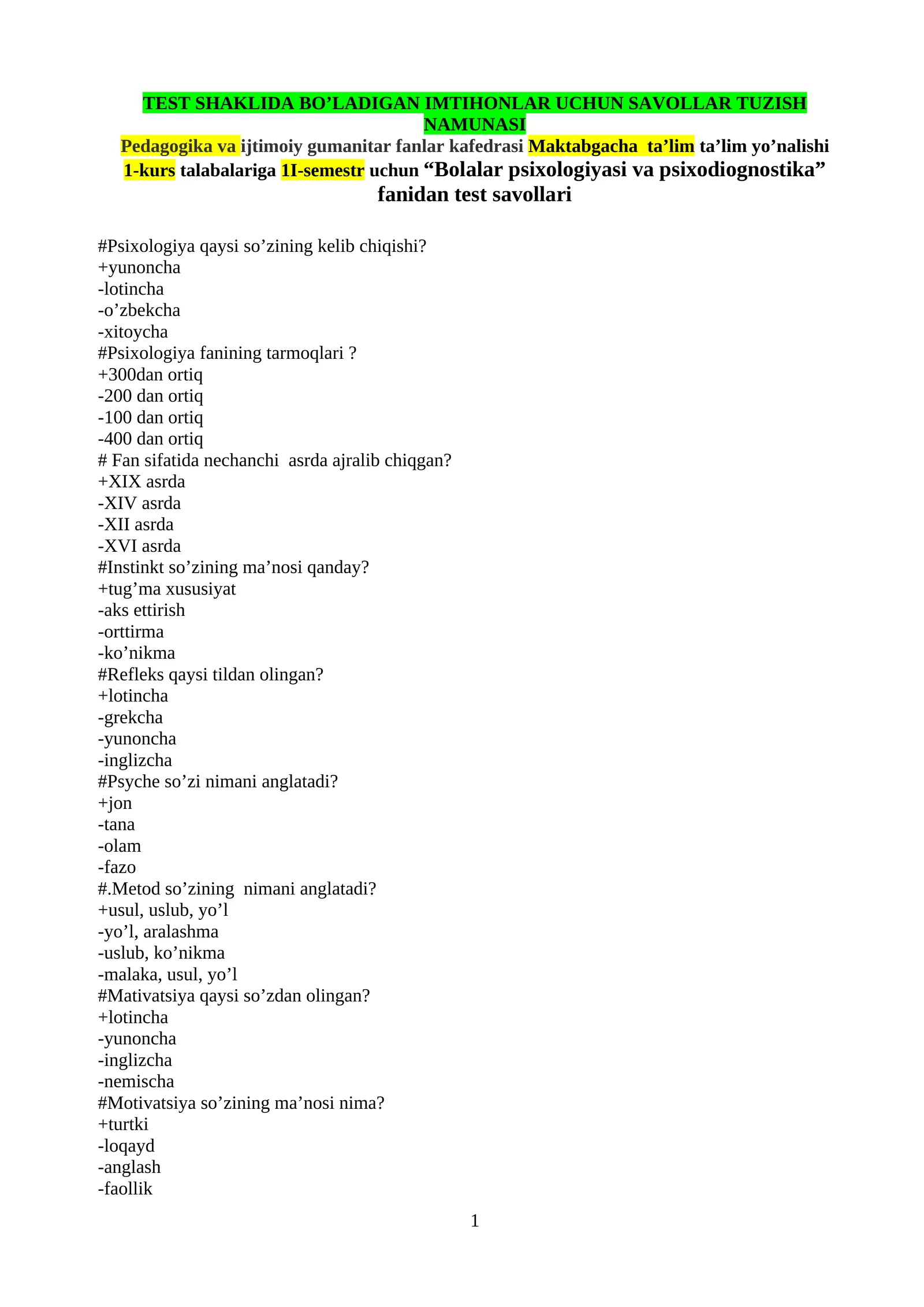TEST SHAKLIDA BO’LADIGAN IMTIHONLAR UCHUN SAVOLLAR TUZISH NAMUNASI