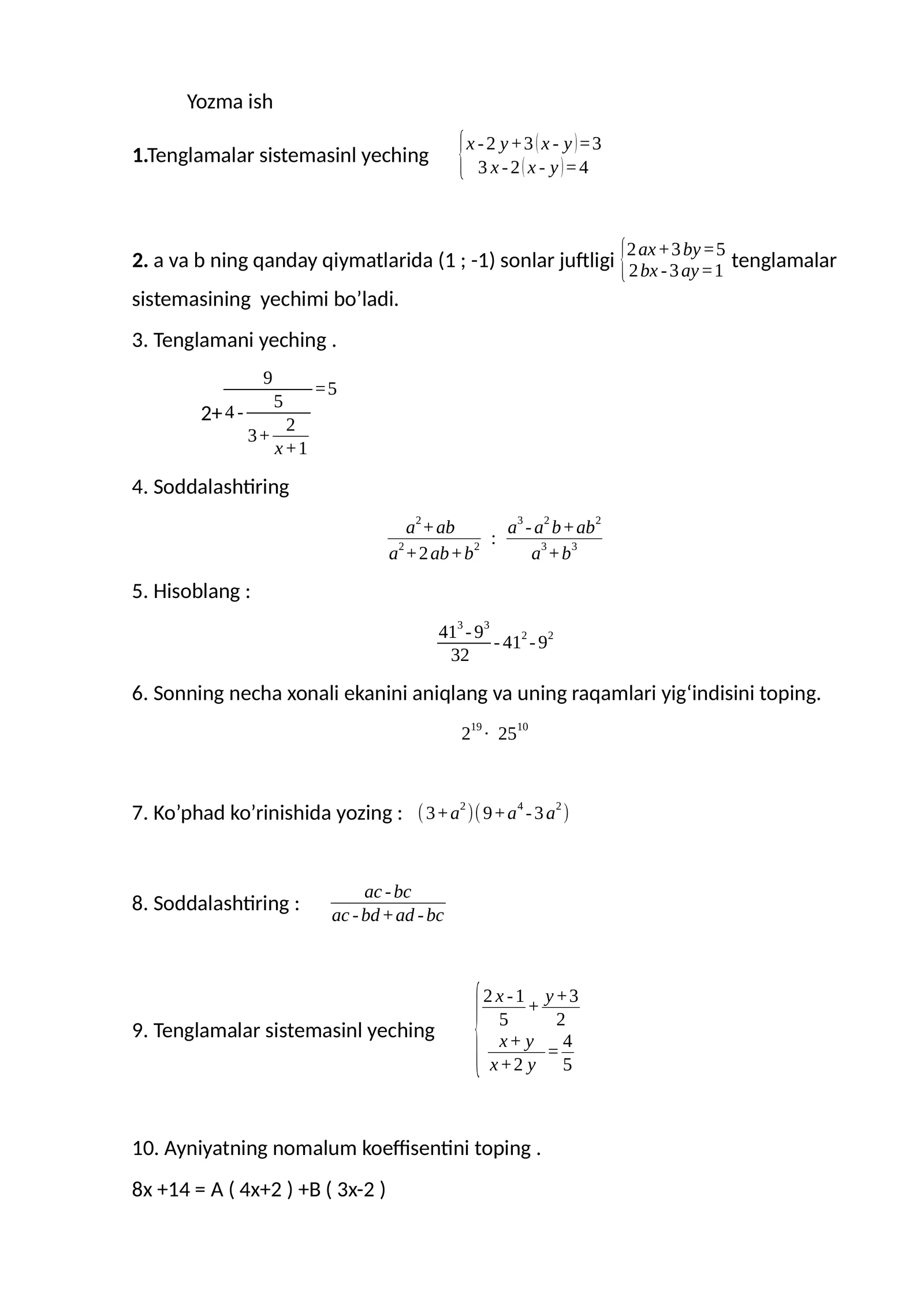 boshlangʻich mavzulardan matematik yozma ish