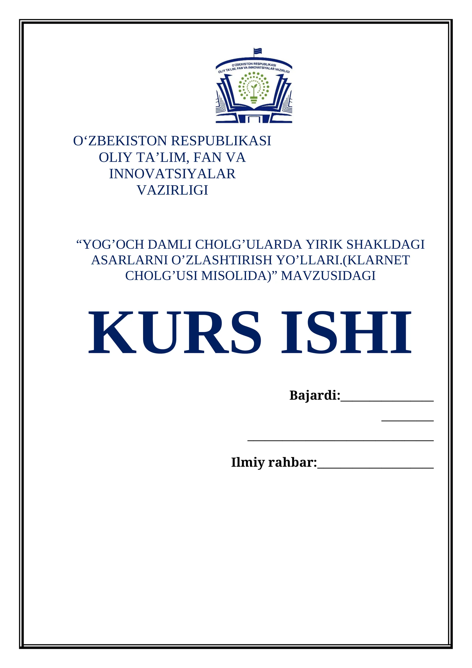 YOG’OCH DAMLI CHOLG’ULARDA YIRIK SHAKLDAGI ASARLARNI O’ZLASHTIRISH YO’LLARI.(KLARNET CHOLG’USI MISOLIDA)