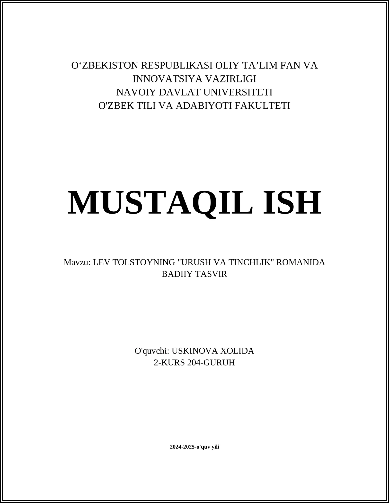 LEV TOLSTOYNING "URUSH VA TINCHLIK" ROMANIDA BADIIY TASVIR