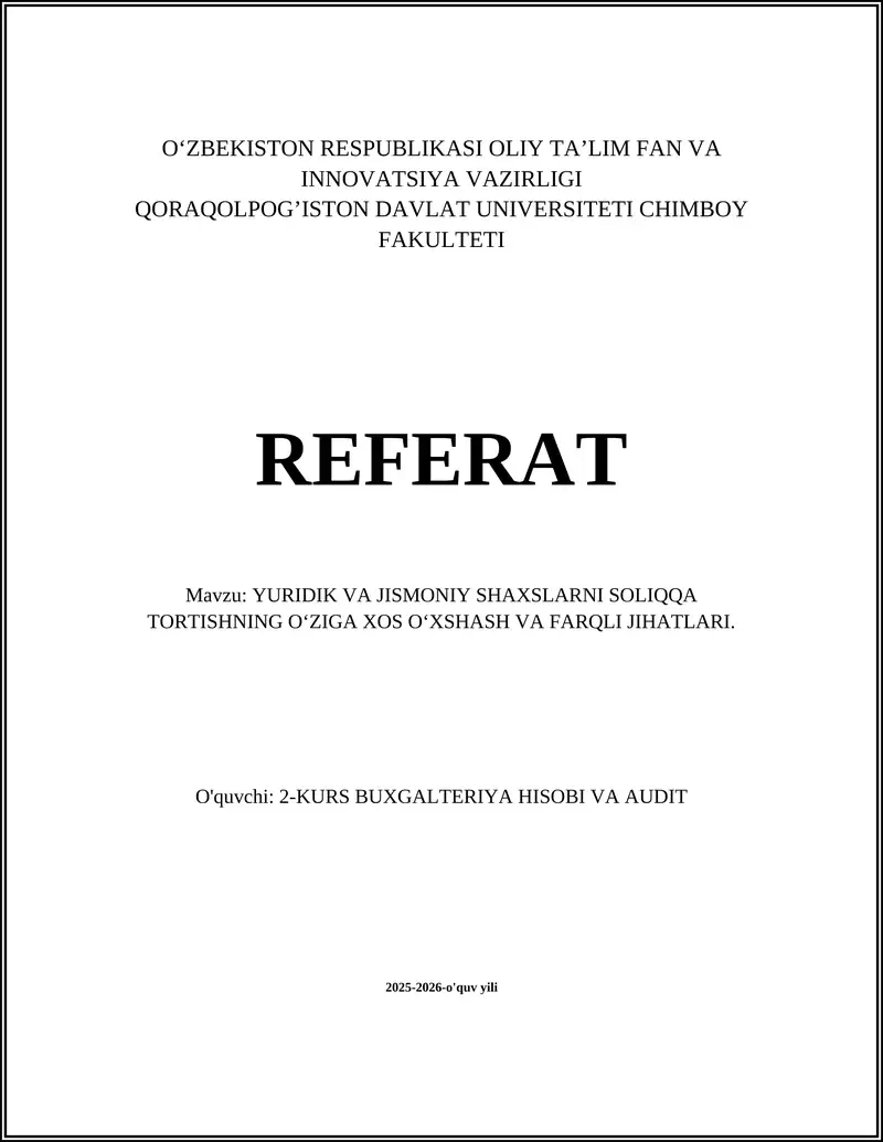 Yuridik va jismoniy shaxslarning soliq to‘lovchilik maqomi