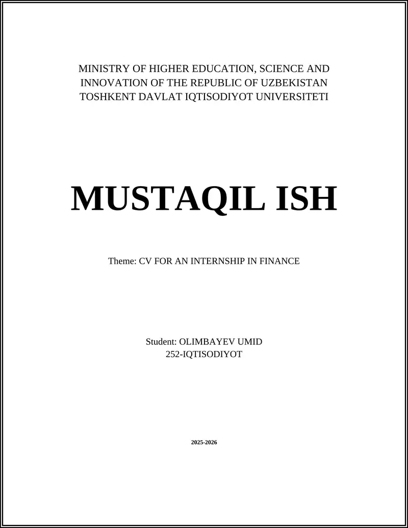 CV FOR AN INTERNSHIP IN FINANCE