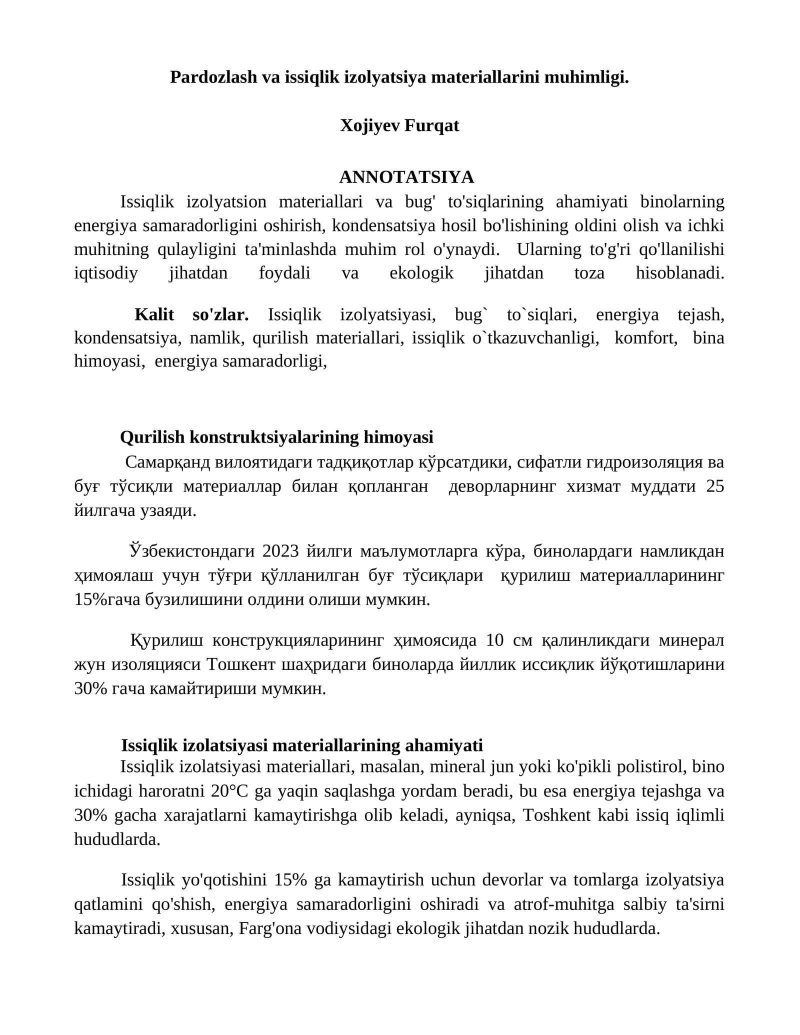 Issiqlik izolyatsiyasi va bug tosiqlari