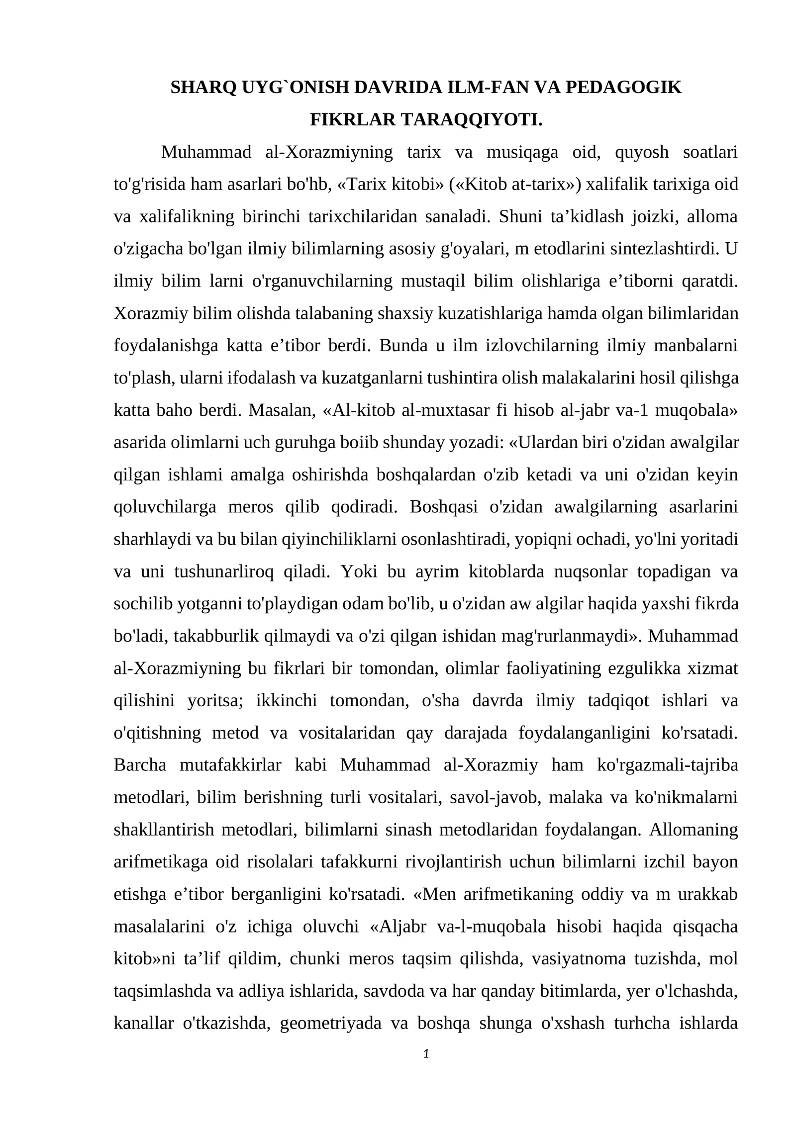 Sharq Uyg`onish Davrida Ilm-Fan va Pedagogik Fikrlar Taraqqiyoti