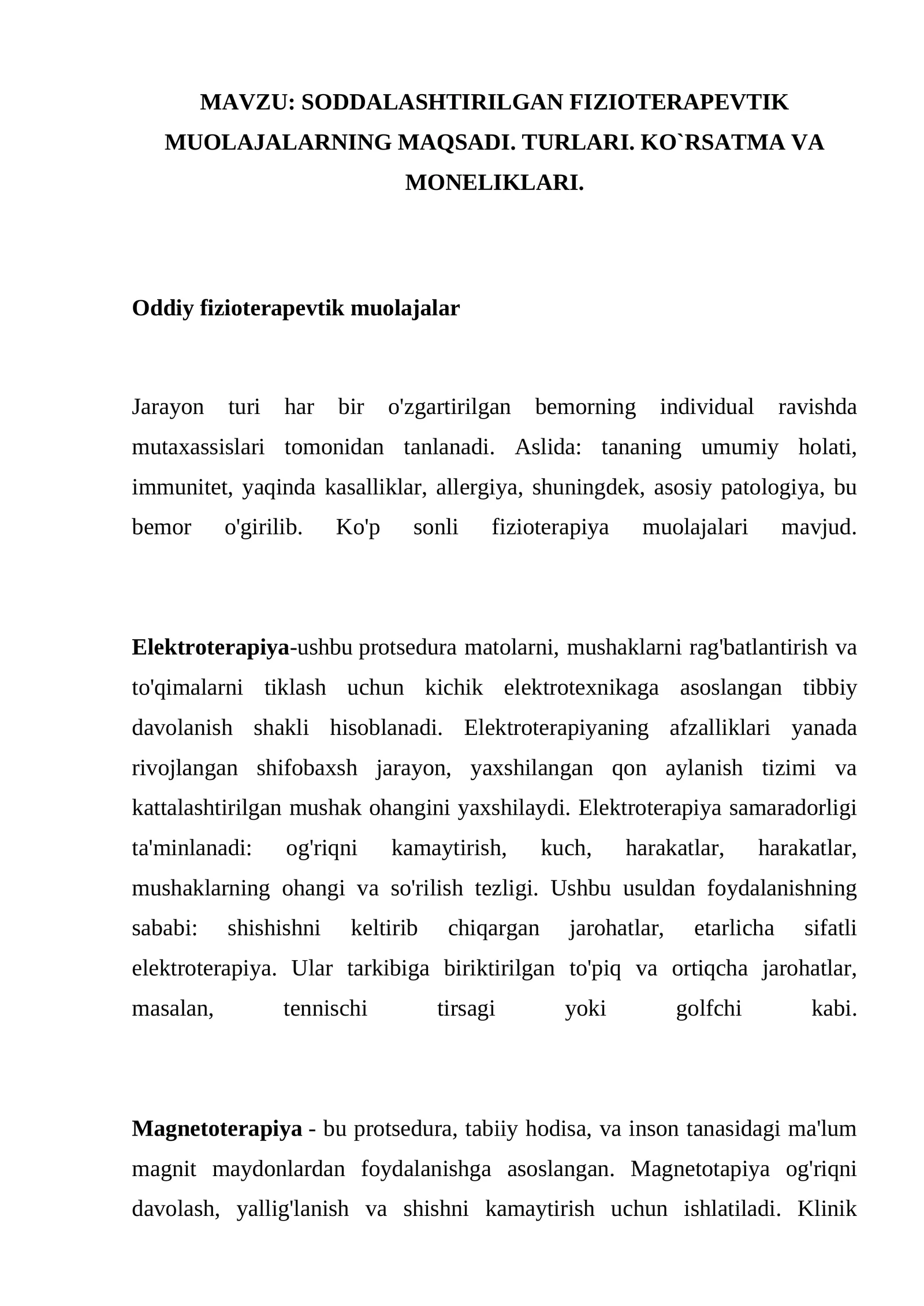 Oddiy fizioterapevtik muolajalar