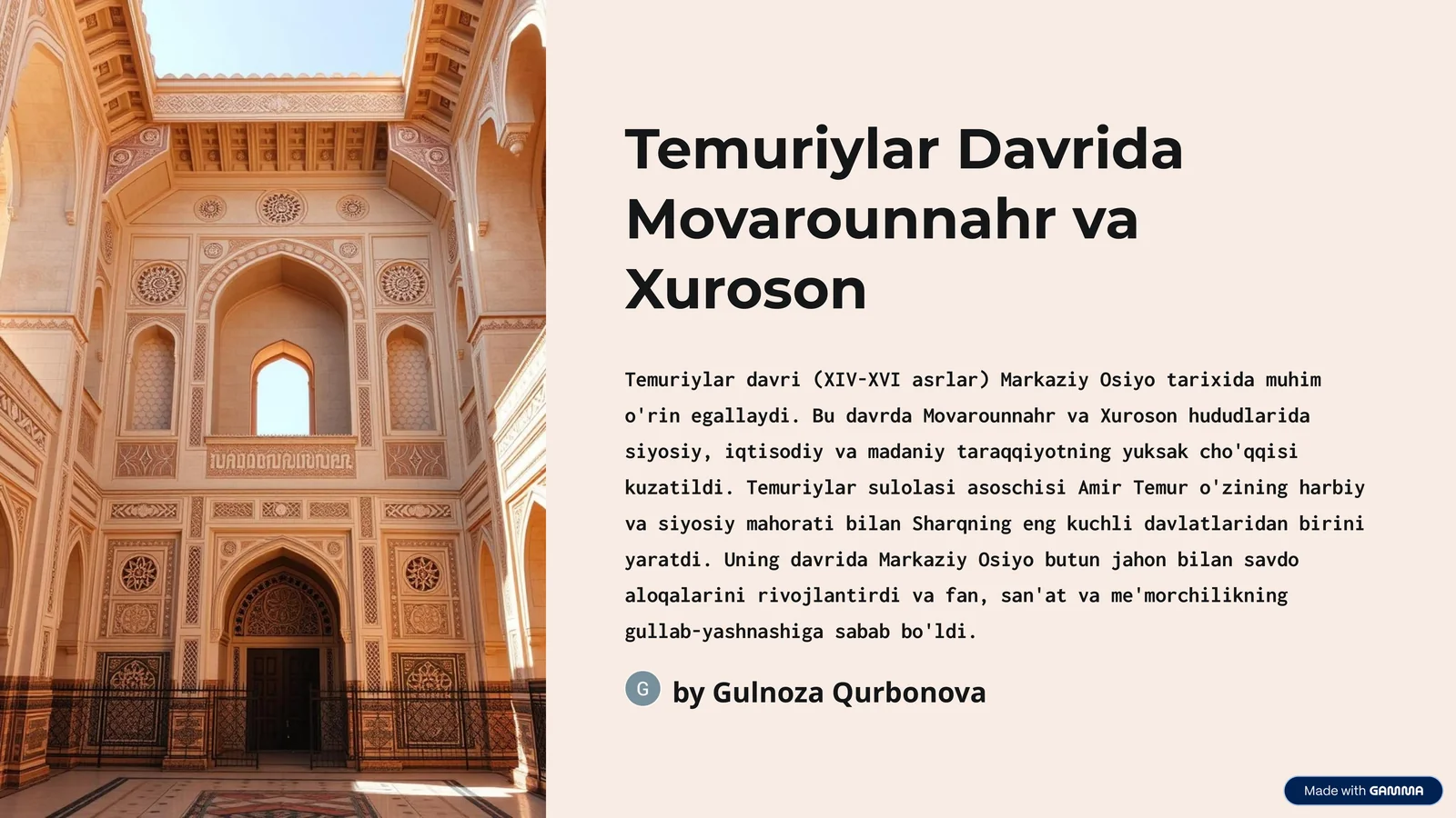 Temuriylar Davrida Movarounnahr va Xuroson mavzusida tayyor taqdimot