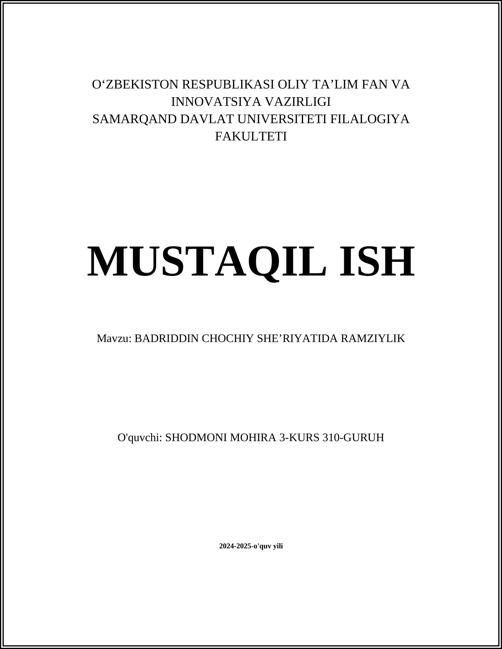 BADRIDDIN CHOCHIY SHEʼRIYATIDA RAMZIYLIK