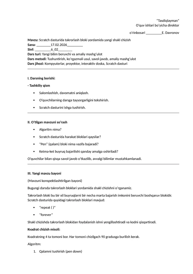 Scratch dasturida takrorlash bloki yordamida yangi shakl chizish