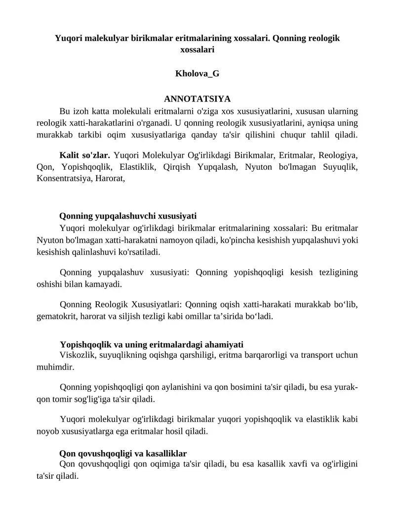 Yuqori malekulyar birikmalar eritmalarining xossalari