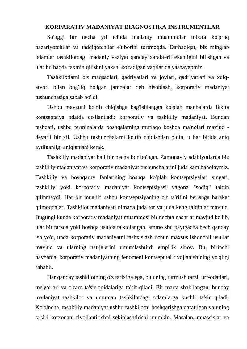 KORPARATIV MADANIYAT DIAGNOSTIKA INSTRUMENTLAR