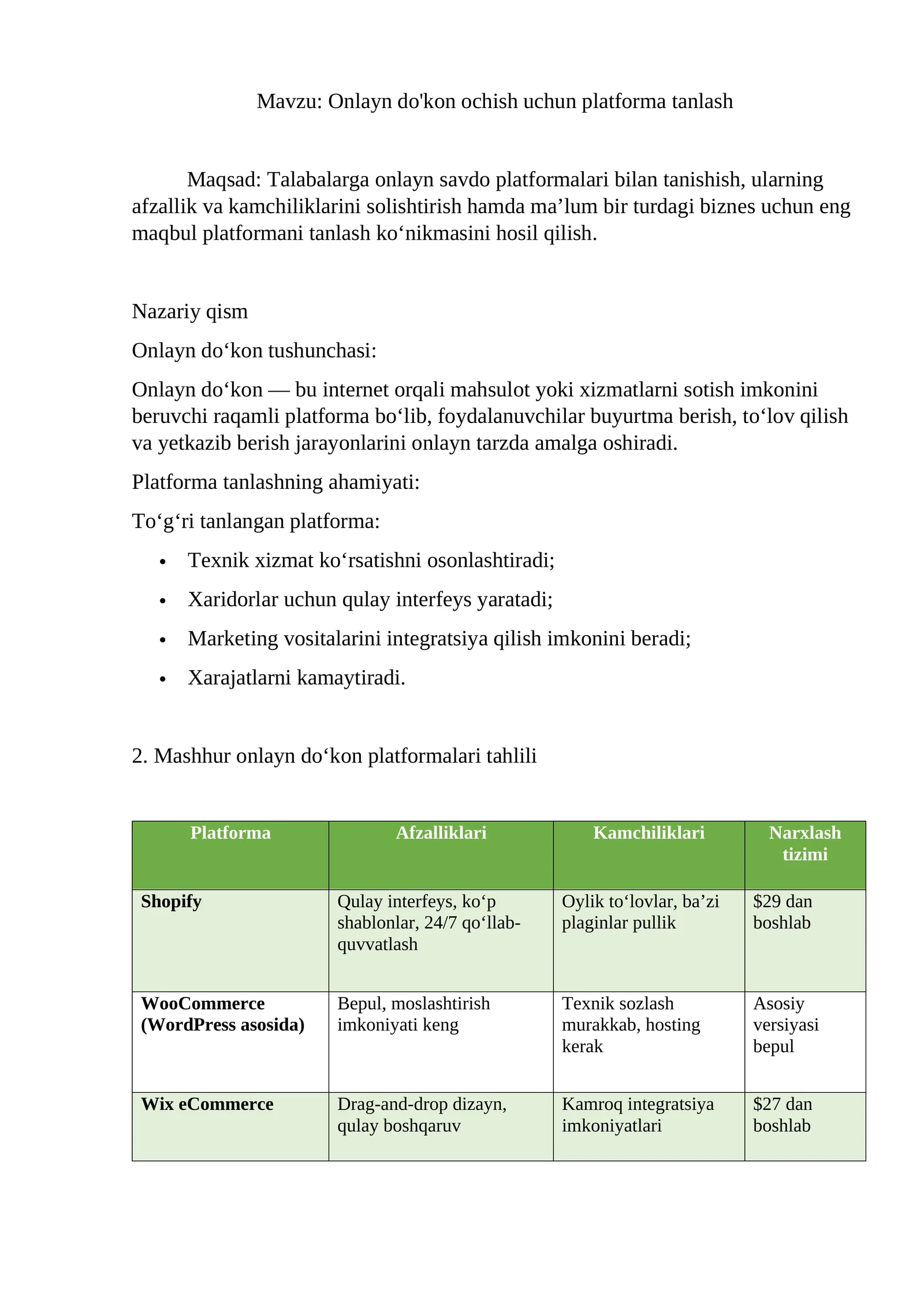 Onlayn do'kon ochish uchun platforma tanlash