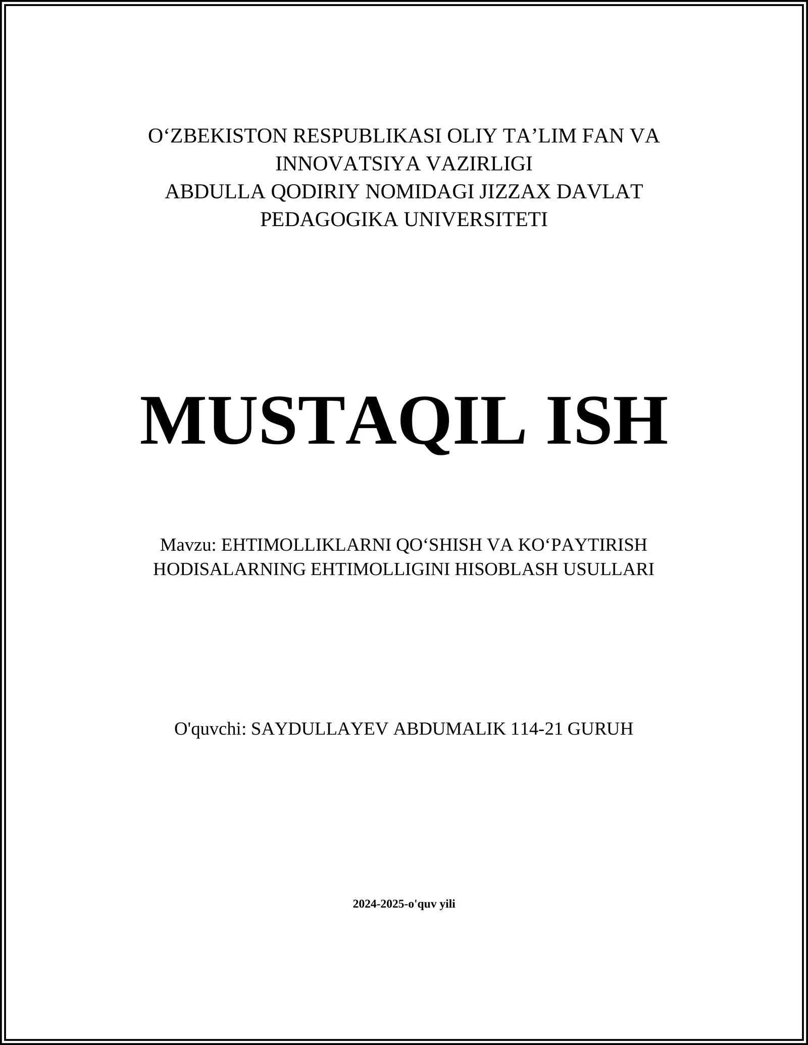 EHTIMOLLIKLARNI QOʻSHISH VA KOʻPAYTIRISH HODISALARNING EHTIMOLLIGINI HISOBLASH USULLARI