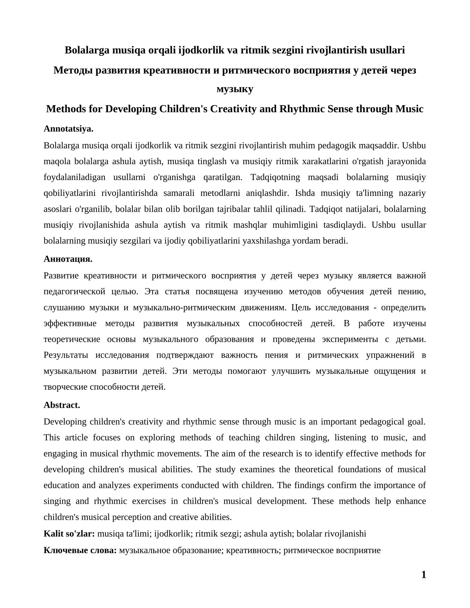 Bolalarga musiqa orqali ijodkorlik va ritmik sezgini rivojlantirish usullari