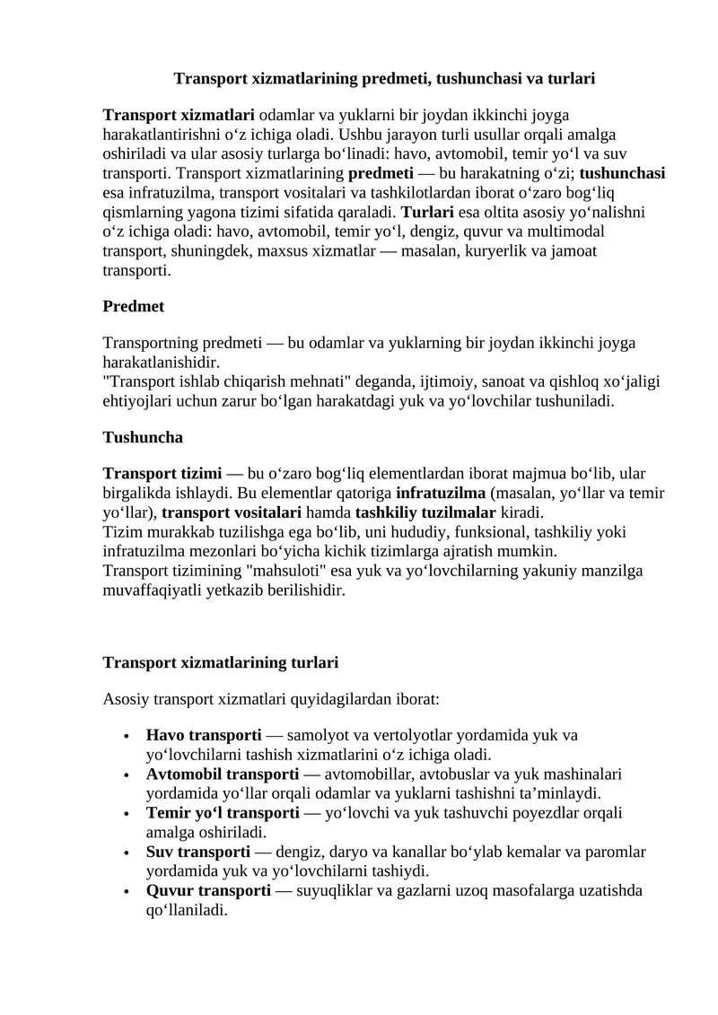 Transport xizmatlarining predmeti, tushunchasi va turlari