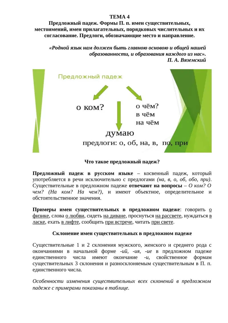 Предложный падеж. Формы П. п. имен существительных, местоимений, имен прилагательных, порядковых чис