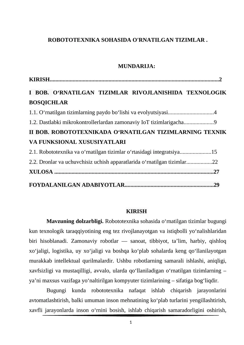 ROBOTOTEXNIKA SOHASIDA O'RNATILGAN TIZIMLAR