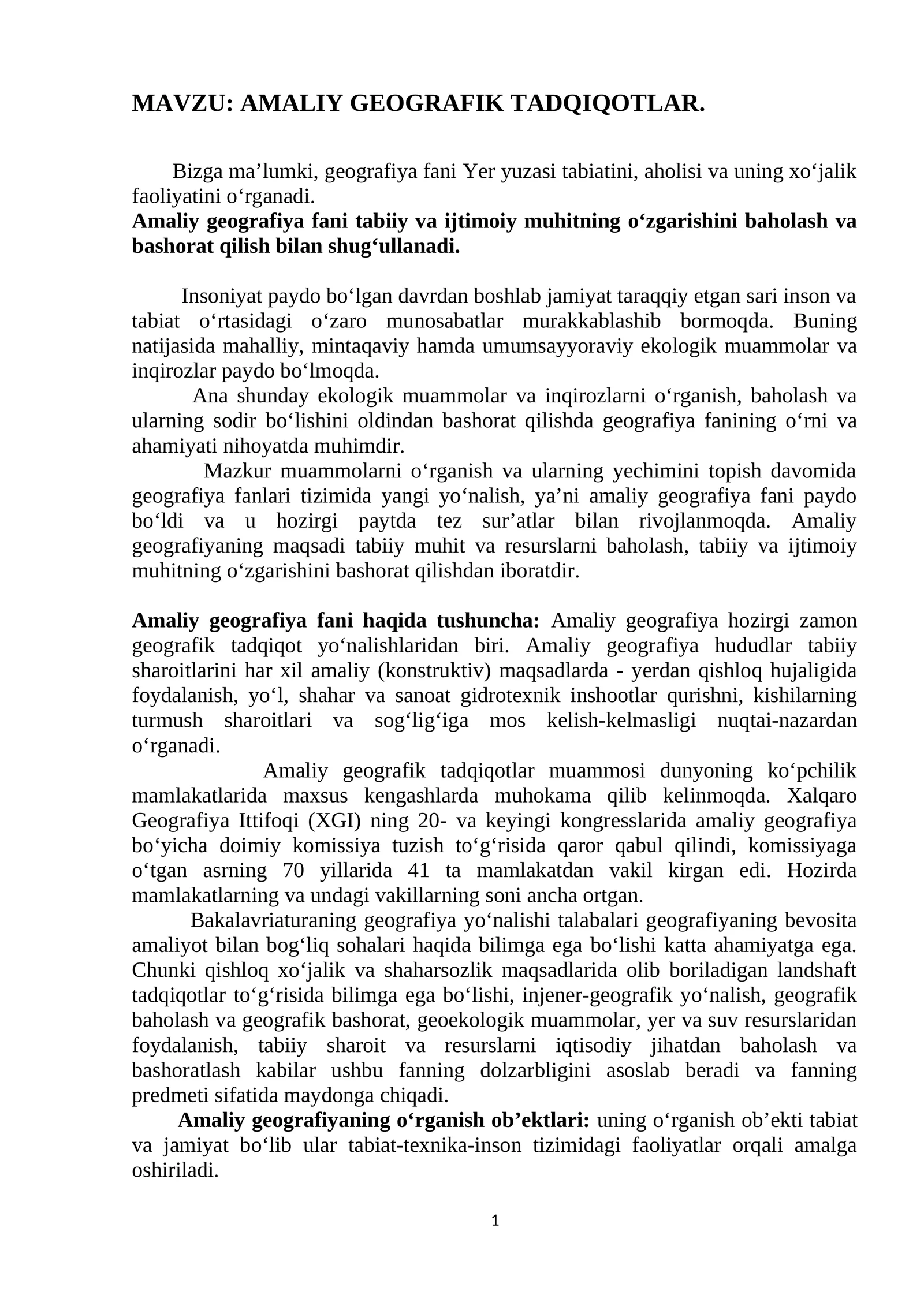 AMALIY GEOGRAFIK TADQIQOTLAR