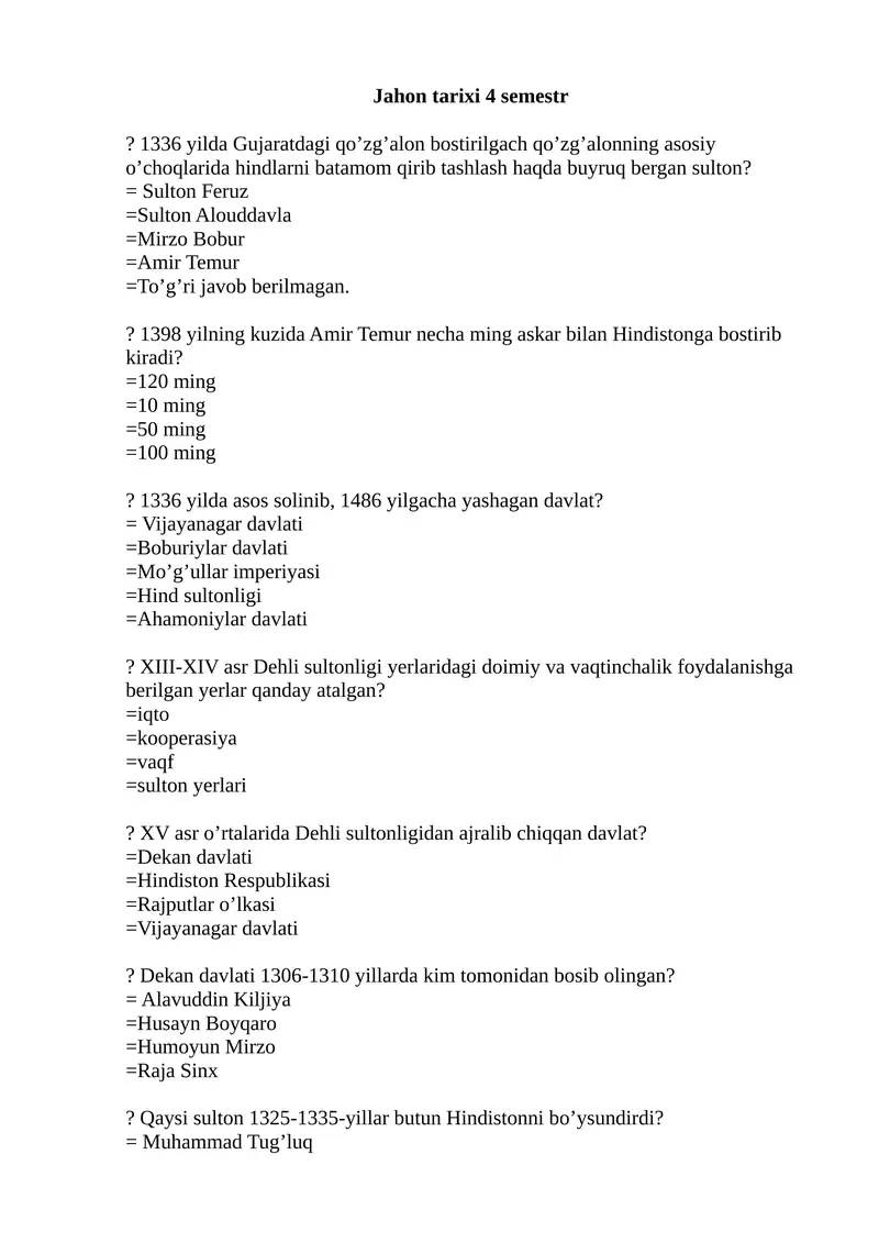 Jahon tarixi 4 semestr