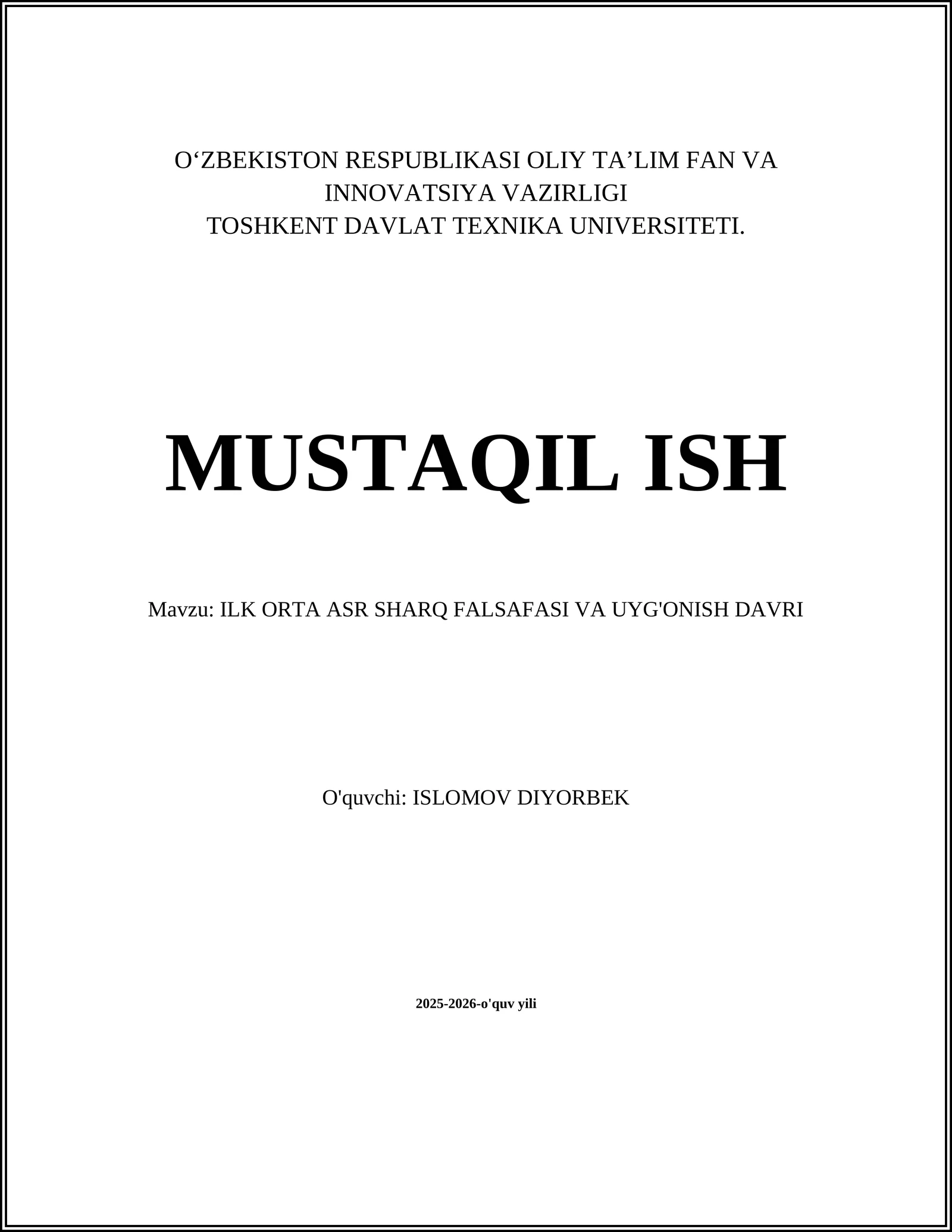 ILK ORTA ASR SHARQ FALSAFASI VA UYG'ONISH DAVRI