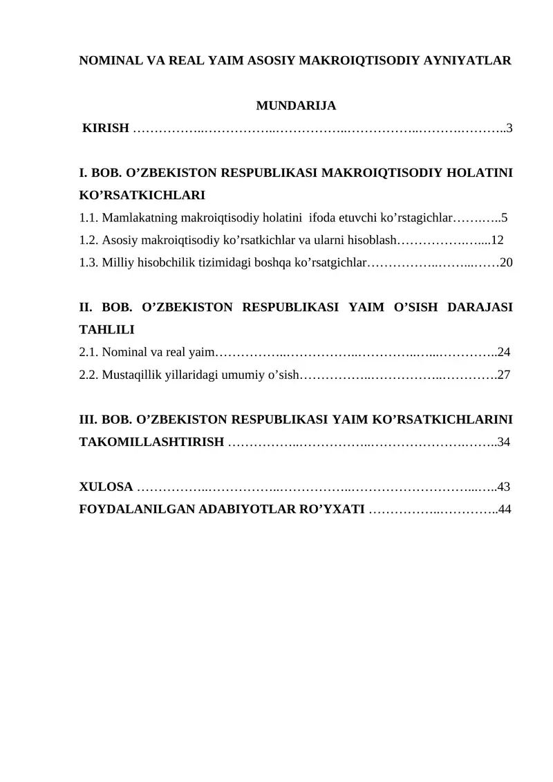 NOMINAL VA REAL YAIM ASOSIY MAKROIQTISODIY AYNIYATLAR