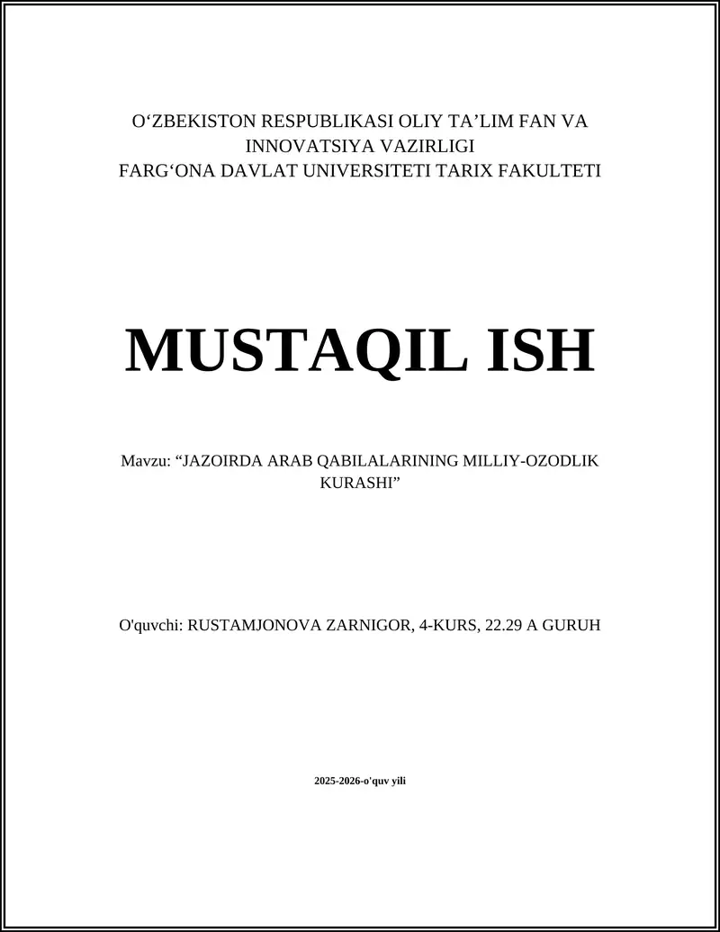 "JAZOIRDA ARAB QABILALARINING MILLIY-OZODLIK KURASHI"