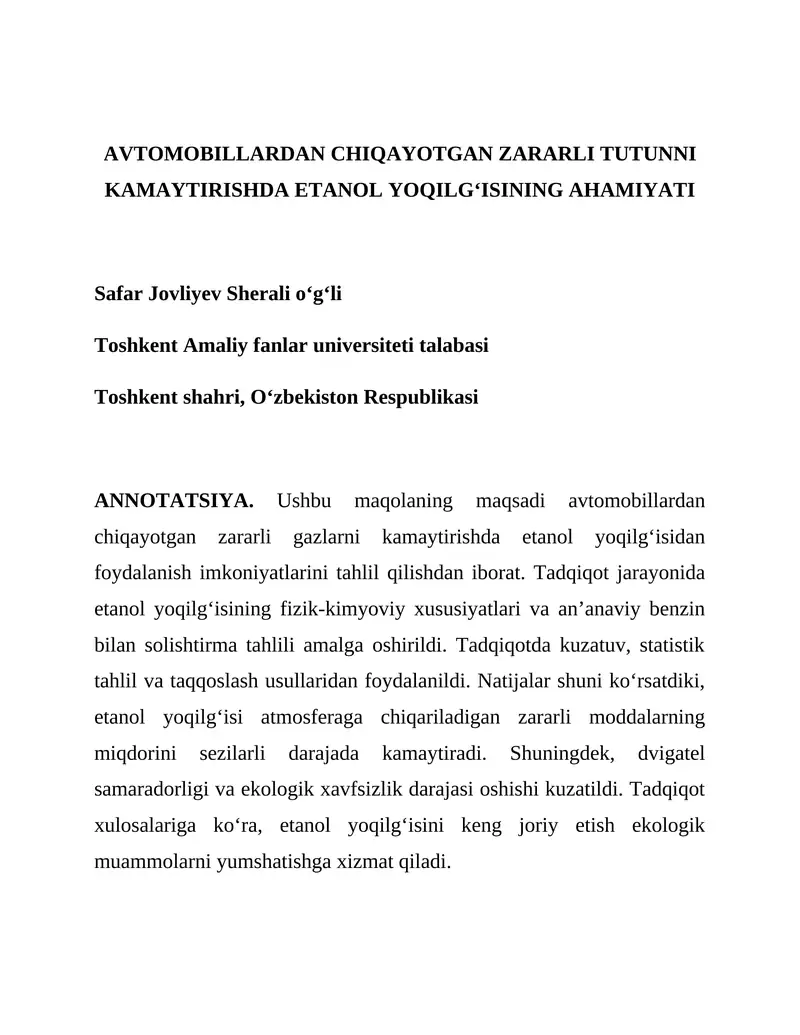 Etanol Yoqilg‘isining Ahamiyati