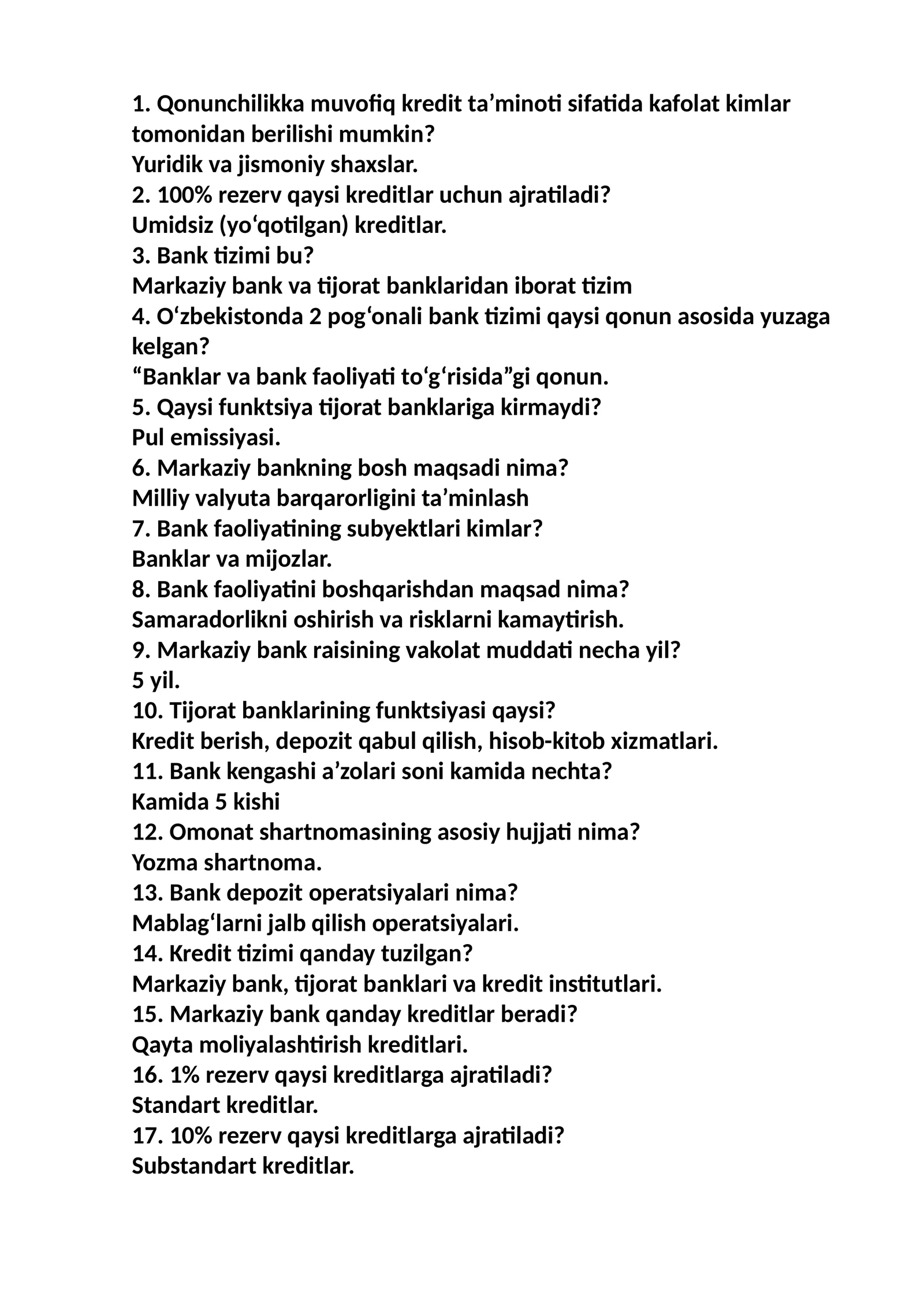 Bank ishi 2 yakuniy test 2025-2026