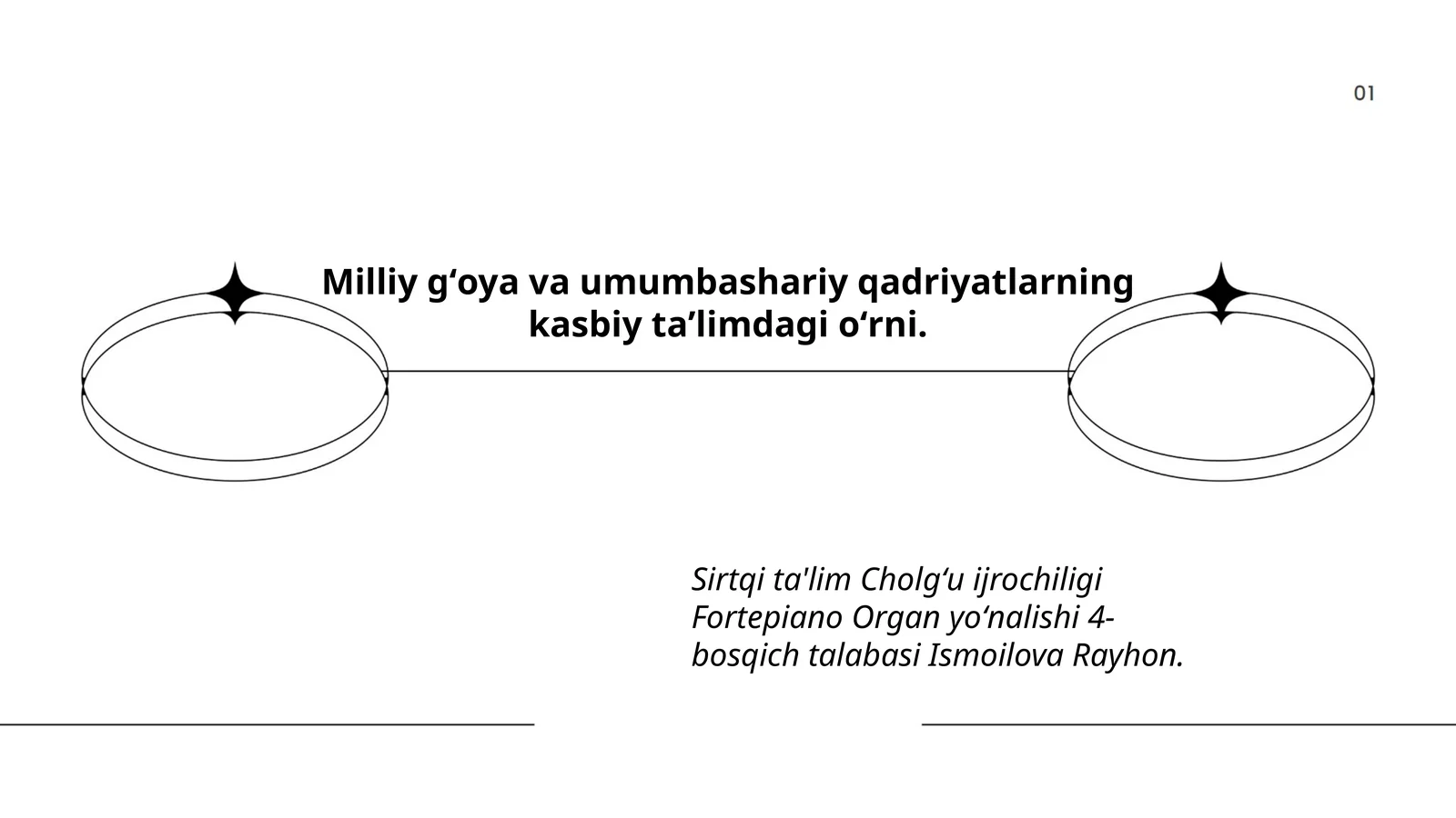 Sirtqi ta'lim Cholgʻu ijrochiligi Fortepiano Organ yoʻnalishi 4-bosqich talabasi Ismoilova Rayhon