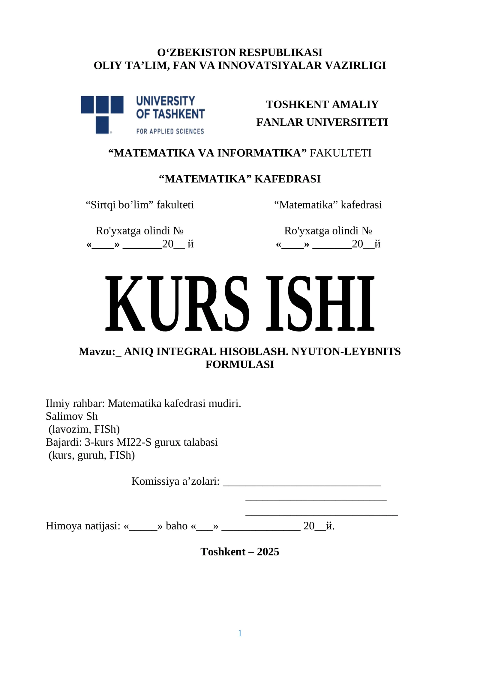 ANIQ INTEGRAL HISOBLASH. NYUTON-LEYBNITS FORMULASI