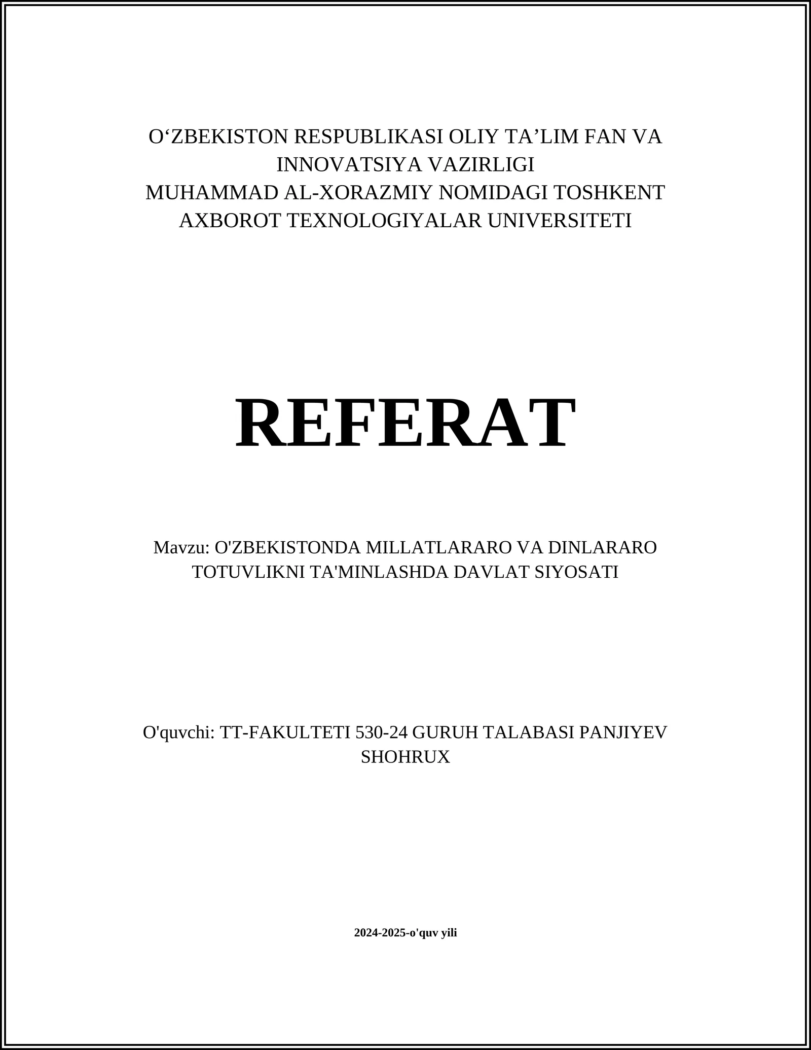 O'ZBEKISTONDA MILLATLARARO VA DINLARARO TOTUVLIKNI TA'MINLASHDA DAVLAT SIYOSATI