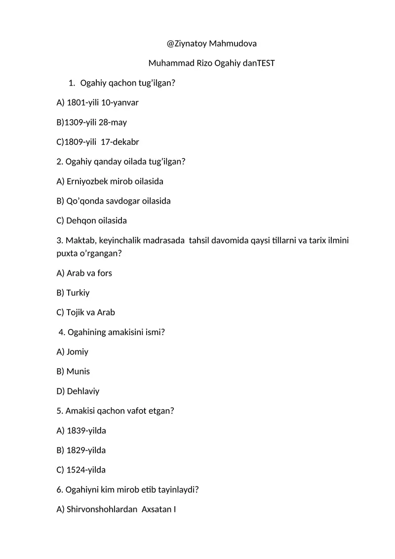 Muhammad Rizo Ogahiy danTEST