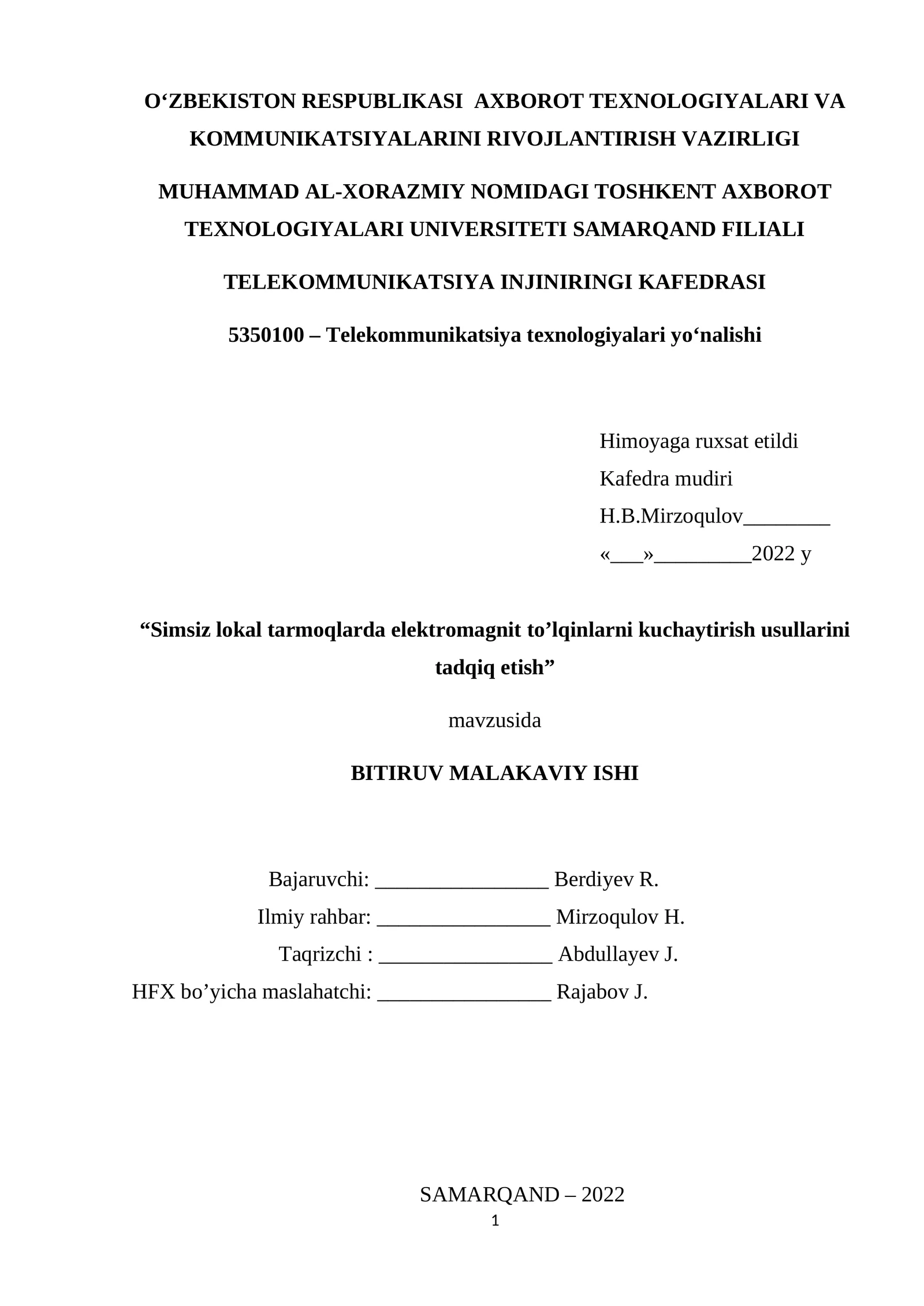 Simsiz lokal tarmoqlarda elektromagnit to’lqinlarni kuchaytirish usullarini tadqiq etish