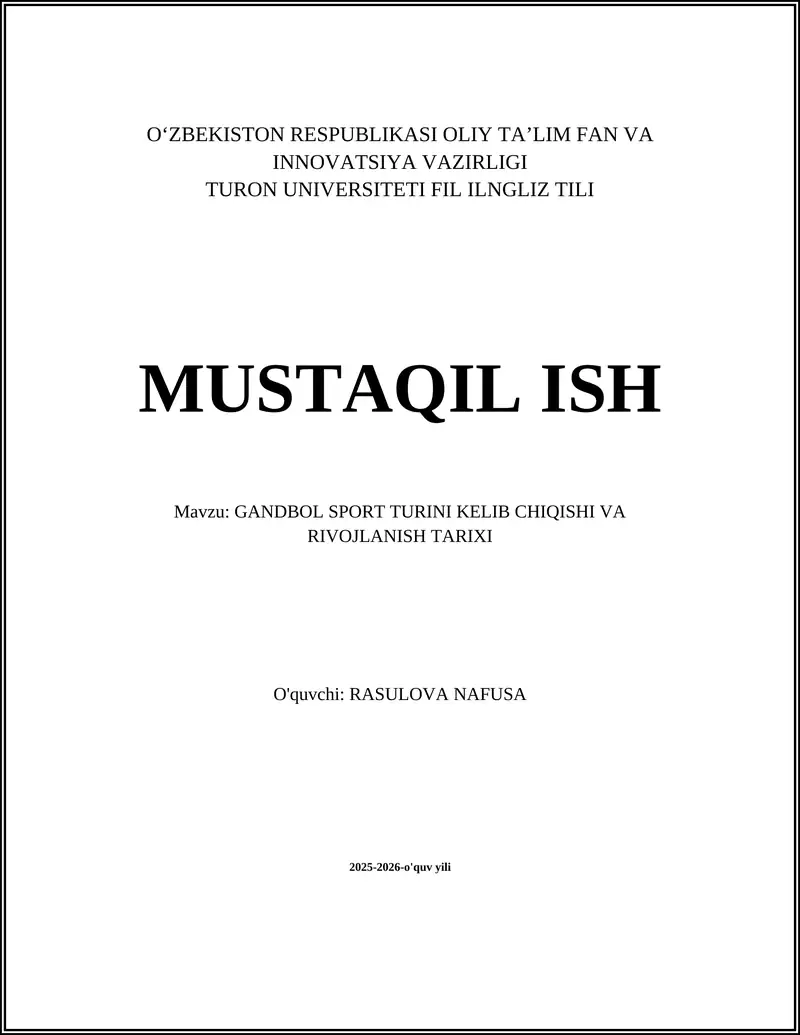 GANDBOL SPORT TURINI KELIB CHIQISHI VA RIVOJLANISH TARIXI